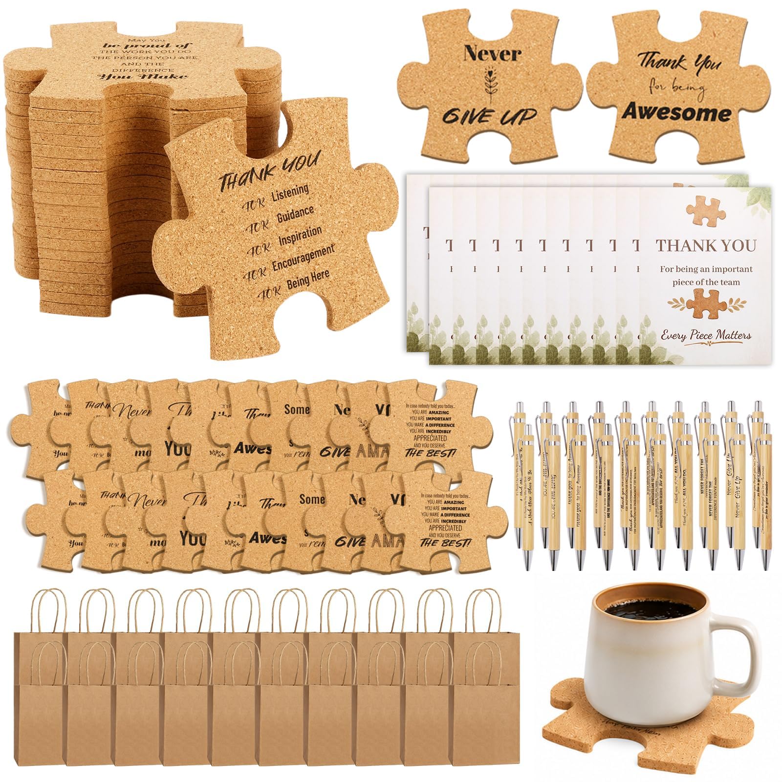 Lot de 80 dessous de verre en liège avec cartes, stylos et sacs en papier, cadeau de remerciement pour collègues, parfait pour les enseignants, les infirmières, le bureau, l'école