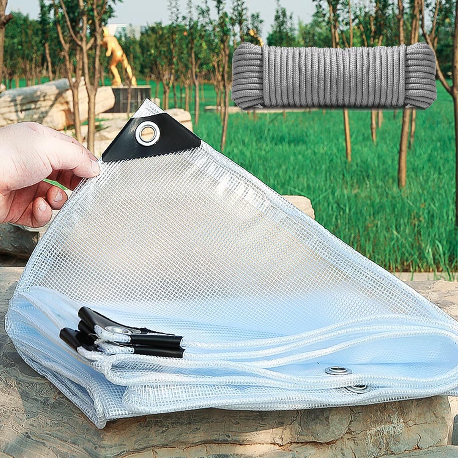 3.5 m x 5 m Waterproof Tarpaulin Cover Sheet 200gsm - Heavy Duty, Easy to Wash -PVC Material, Reinforced Edges with Metal Eyelets -Clear Mesh -Ideal for Indoor-Outdoor Protection