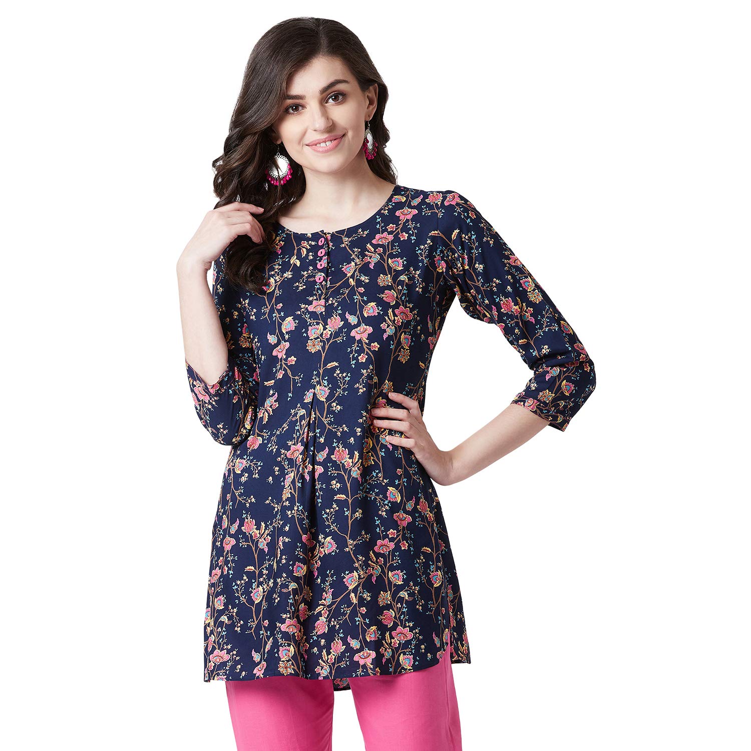 Tissu Women's Navy Blue & Pink Floral Printed Kurti 2019_Dark Blue_3Xl