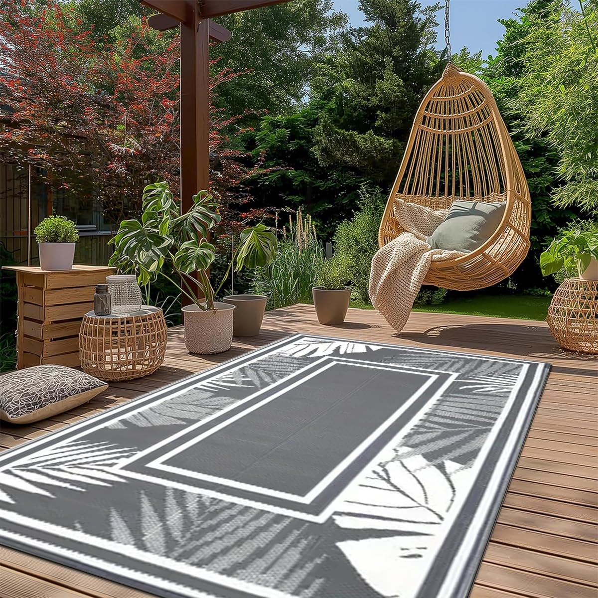 Hixingo Tappeto da Esterno Impermeabile (Foglie grigie,152 * 244cm) | Grande in Plastica Tappeto da Giardino Reversibile Leggero Resistente ai Raggi UV Pieghevole Tappetino per Patio Balcone