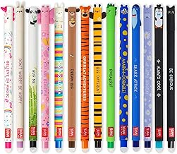 Legami - Set of 14 Erasable Gel Pens with Thermosensitive Erase Ink, Ink and Barrel Designs, 0.7mm Tip, Animal Designs