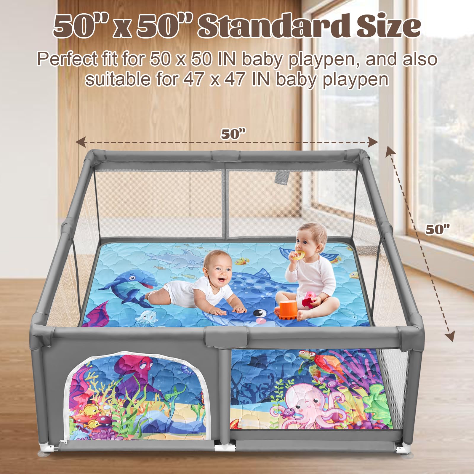 FAMOPLAY Baby Mat for Floor, Premium 50x50 Playpen Mat, Odorless Play Mat, Thicken Soft Padding Foam Play Mat for Baby, Non-Slip Cushioned Baby Floor Mat, Machine Washable Baby Crawling Mat (Ocean)