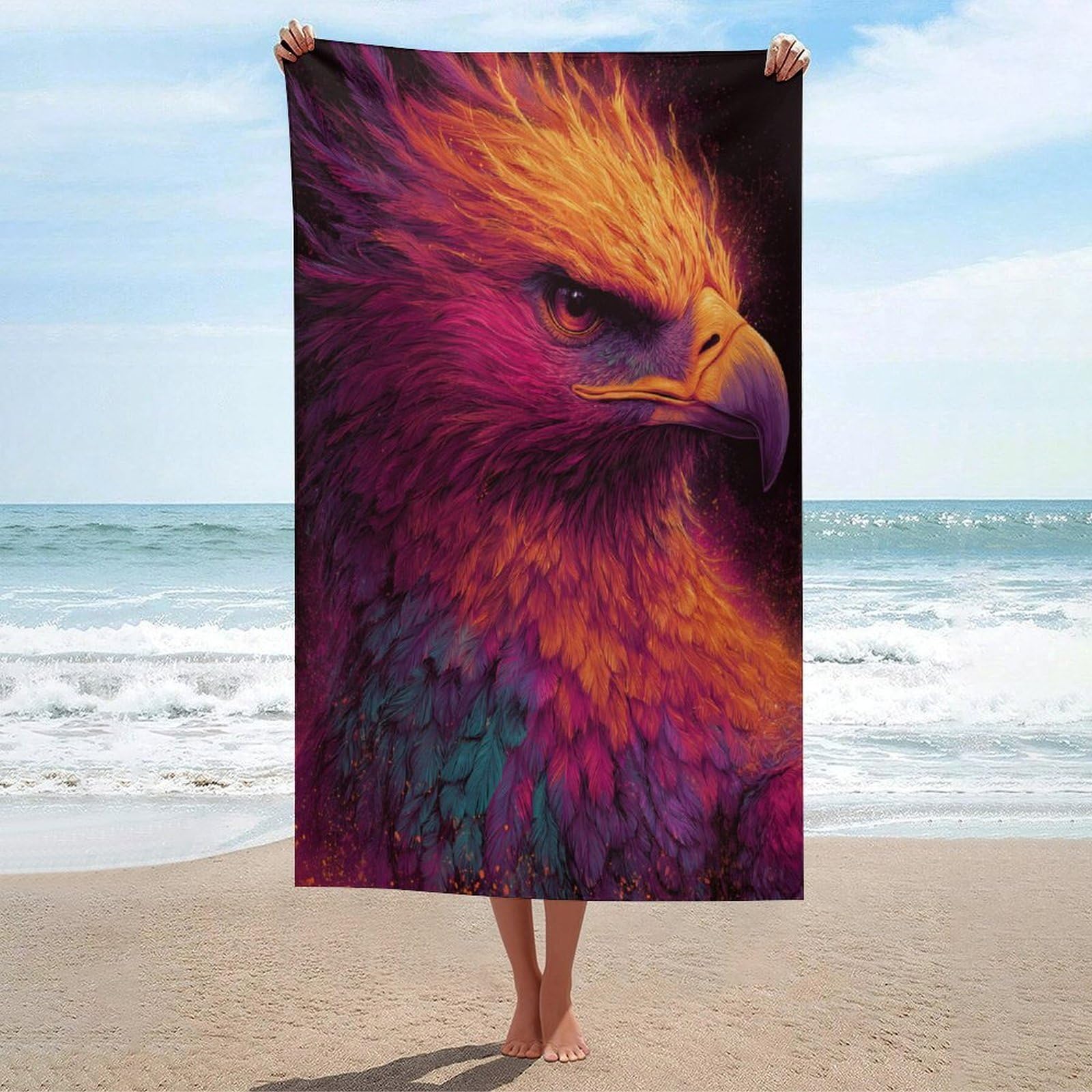 asbwuo Majestic Phoenix Vibrant Feathers Beach Towel