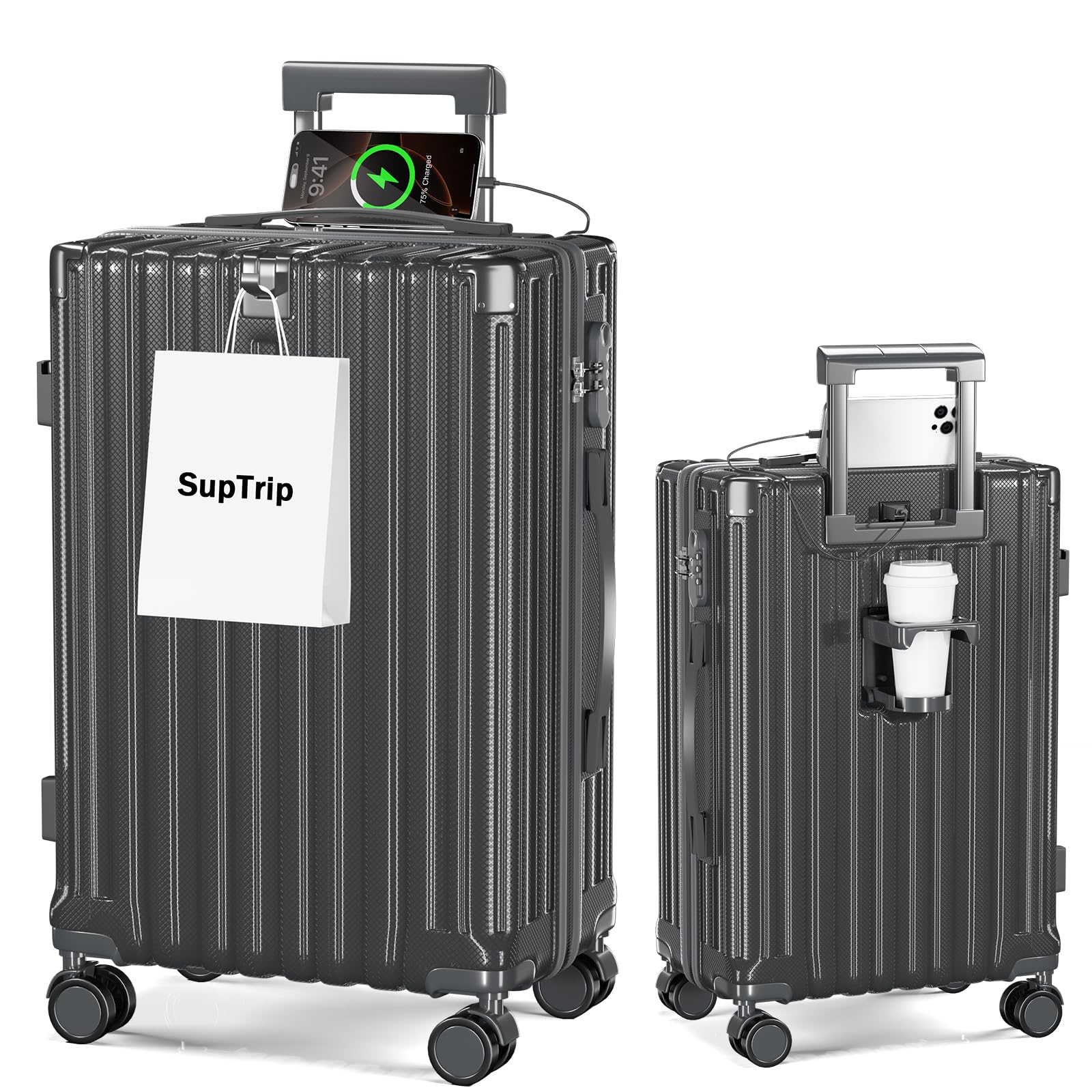 [SupTrip] スーツケース 機内持ち込み 多機能 キャリーケース 大型 超軽量 キャリーバッグ 耐衝撃 USBポート付き カップホルダー付き 充電機能 荷物フック 隠しフック機能 静音 ダブルキャスター 360度回転 修学 泊まる 旅行 出張 (グレー, S (40L/1-3泊/機内持込）)