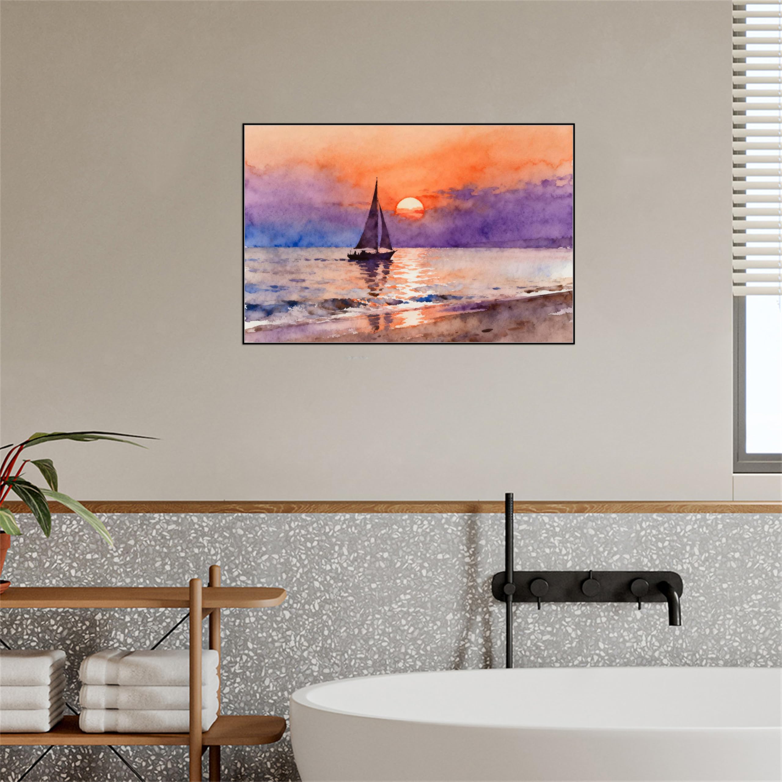 OZPWBVY Meer Leinwandbild-Ozean Boot Sonnenuntergang-Küsten Landschaftsbilder für Wohnzimmer Schlafzimmer Fertig zum Aufhängen 50x75cm Schwarz Rahmen