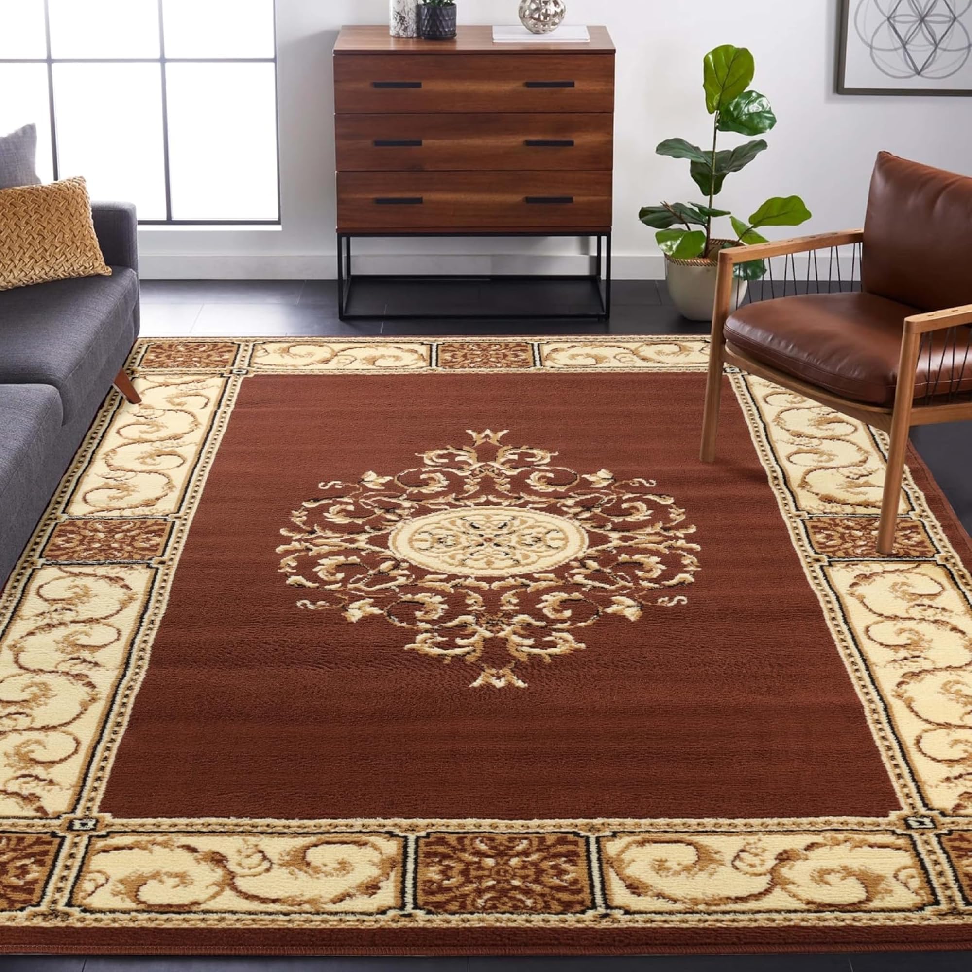 superior indoor area rug, plush carpet cover, traditional oriental medallion, perfect for hallway, entryay, living, dining, bedroom, office, kitchen, medallion collection, 6' x 9', toffee
