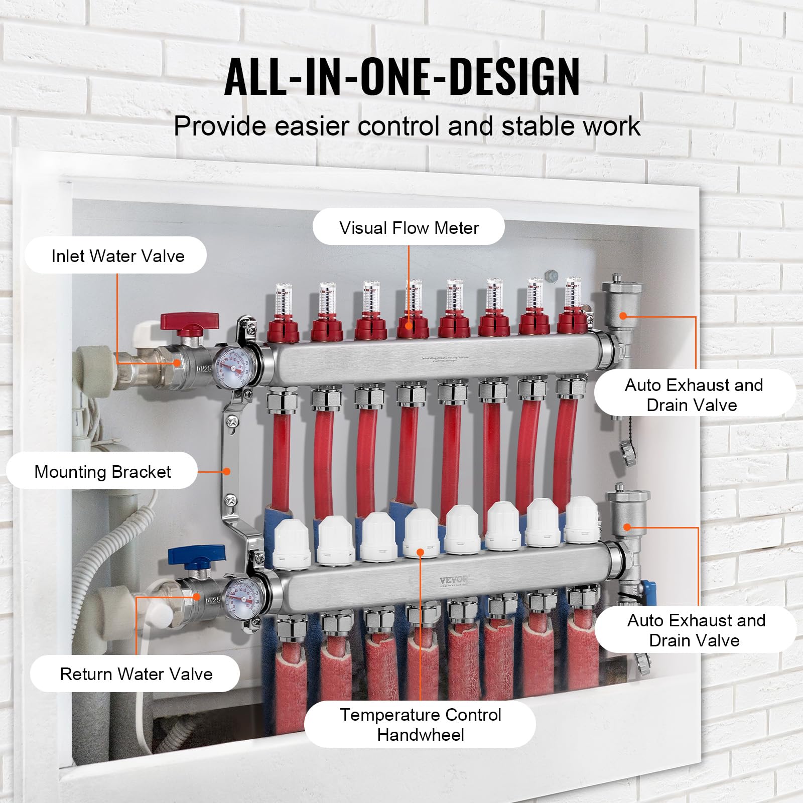 VEVOR Colector de Calor Radiante de 8 Derivaciones, Colector de Tubería PEX de Acero Inoxidable SUS304 para Calefacción por Suelo Radiante Hidrónico, con Adaptadores, 590 x 370 x 110 mm, 0-5 L/min