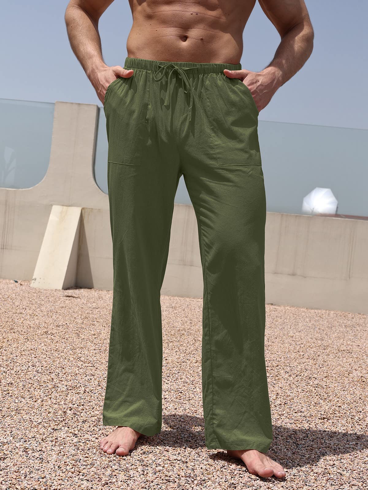 WOWULOVELY Mens Casual Cotton Linen Pants Loose Lightweight Elastic Waist Trouser Yoga Beach Pant Pockets(Green,XL)