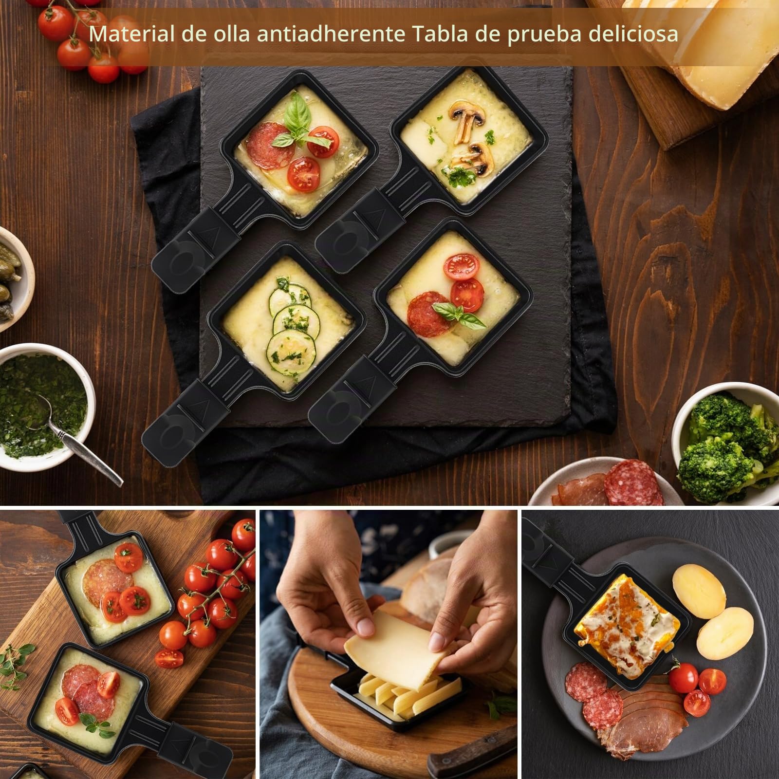 Juego de 4 sartenes para raclette, Sartenes de repuesto para raclette grill, con recubrimiento antiadherente y 4 raspadores de madera para asar queso, huevos