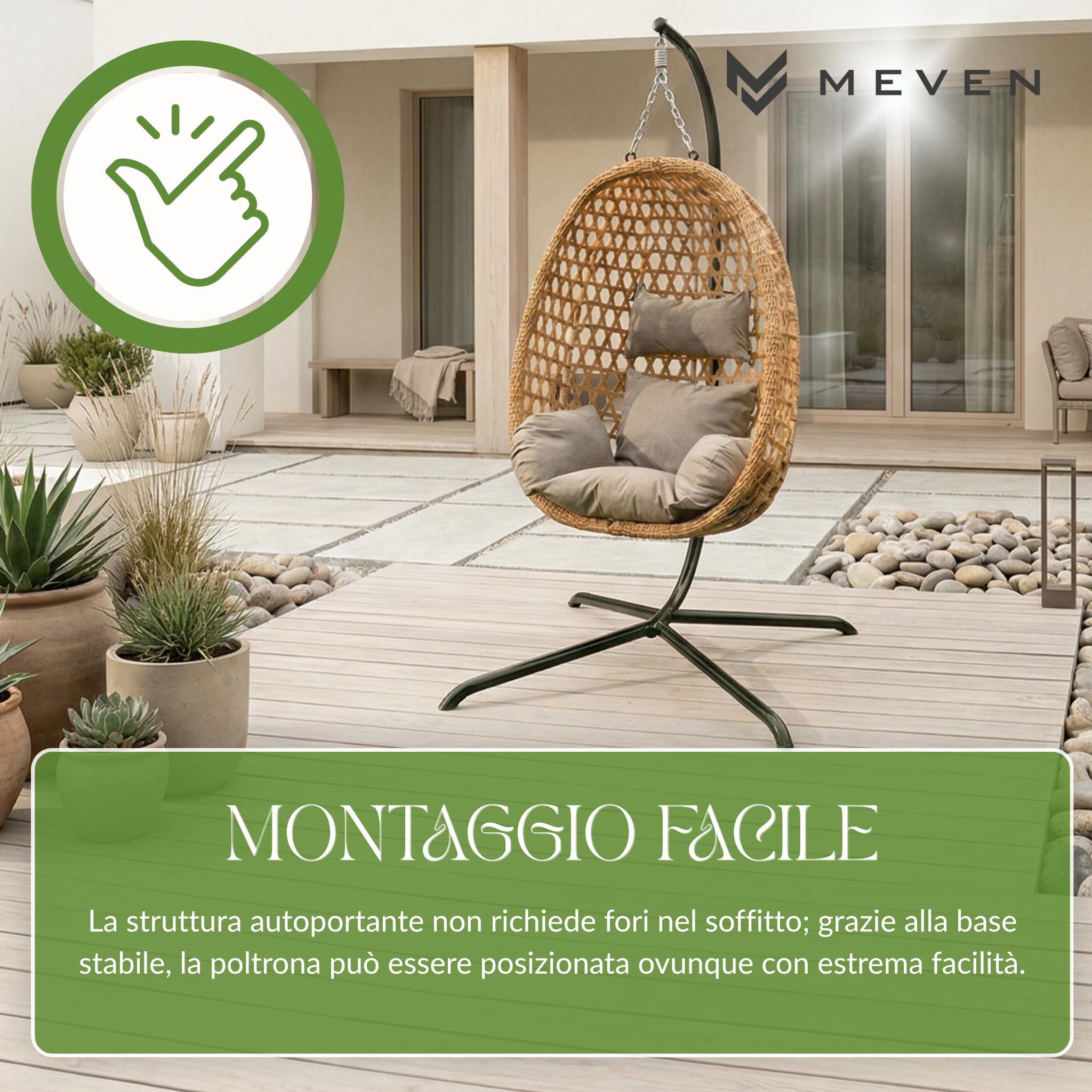 MEVEN Aura | Poltrona sospesa con telaio naturale, cesto per esterni e interni | Poltrona sospesa inclusa XXL cuscino, capacità di carico 110kg | Poltrona in vimini di lusso per giardino, balcone e