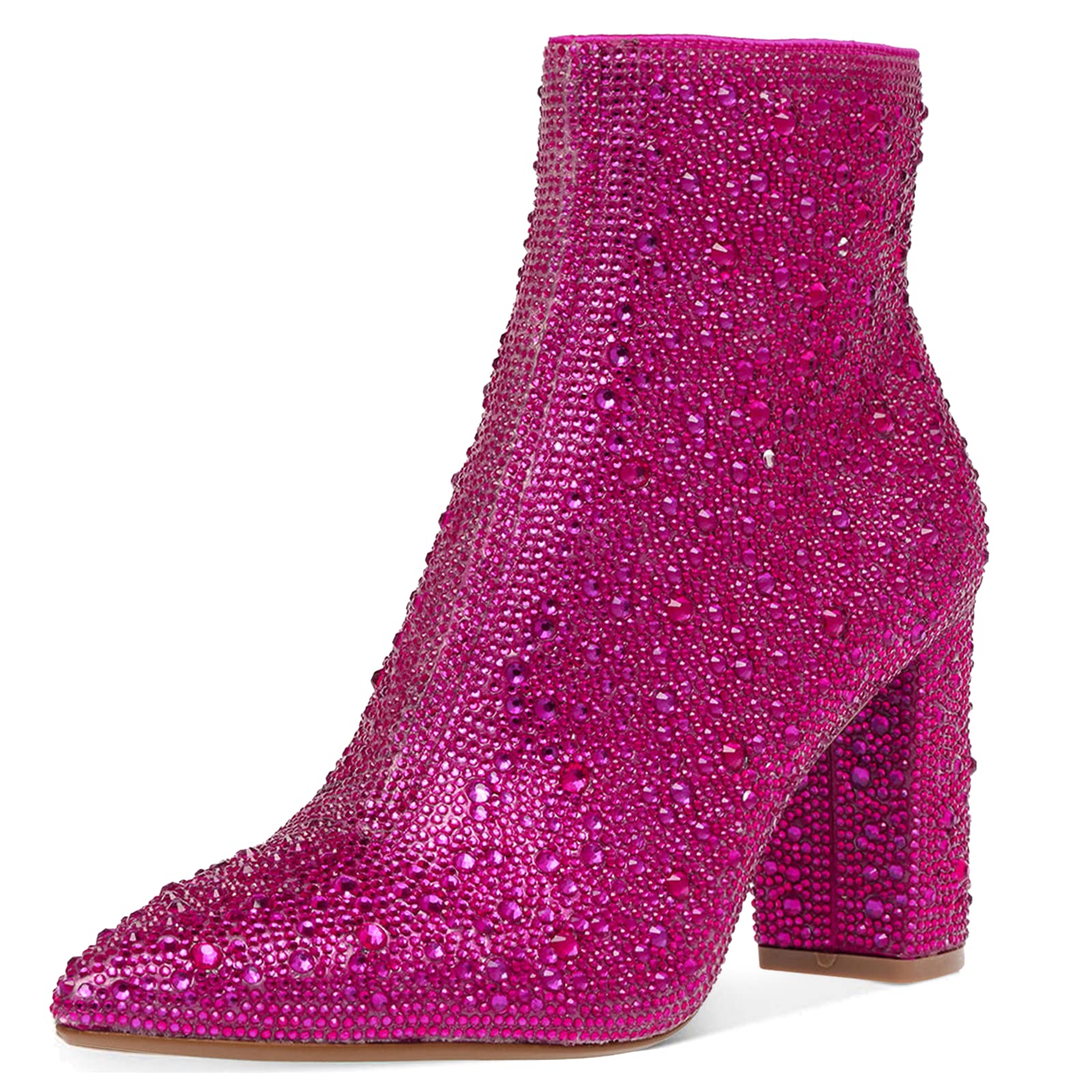 MUCCCUTEWomen's Rhinestone Ankle Boots Point-Toe Block Chunky Heel Sparkly Party Wedding Booties Glitter Dressy Fashion Short Boots