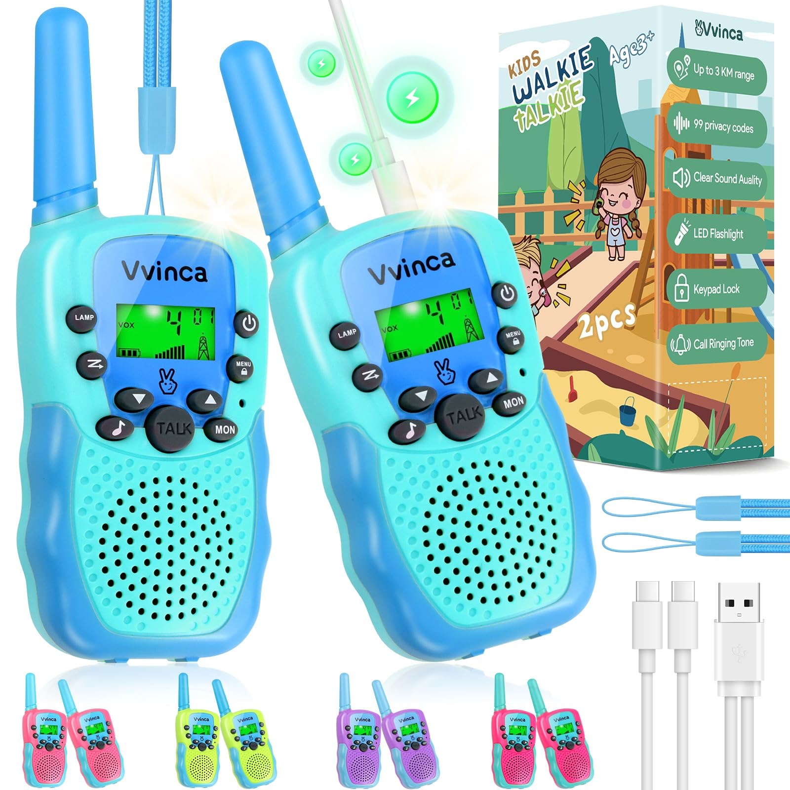 Vvinca Toys for Ages 5-7 Boys Girls, Rechargeable Walkie Talkies for Kids Long Range 22 CH 2 Way Kids Walkie Talkie with Flashlight for Camping Hiking Indoor Outdoor 3 4 5 6-12 Birthday