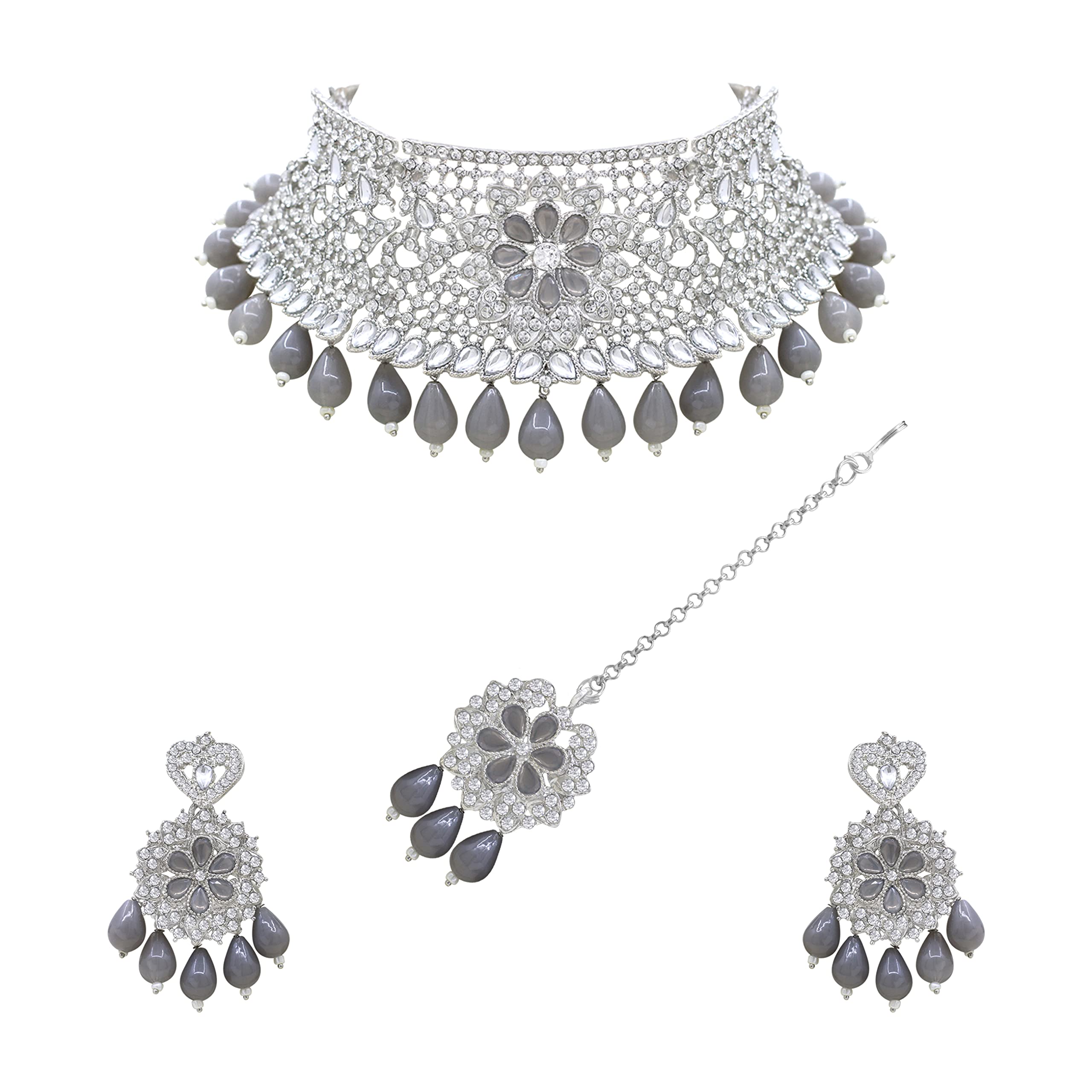 SAIYONI Traditional Design Trendy Austrian Diamond With Kundan Stone Work Grey Color Choker Necklace Earring With Maangtikka Jewellery Set For Women (B0BG2R4TYF) Amazon Price History, Amazon Price Tracker