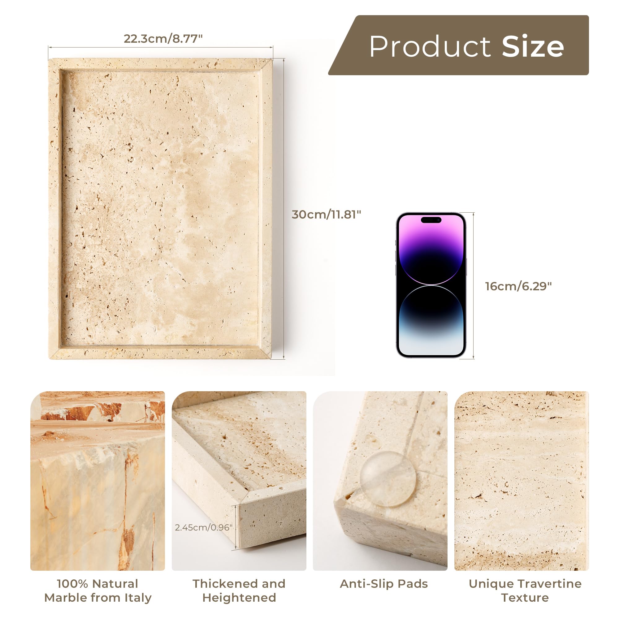 Plateau rectangulaire en travertin pour salle de bain, décoration pour parfum, bougie cosmétique, salle à manger, plateau rectangulaire pour table basse de cuisine, décoration beige WH021