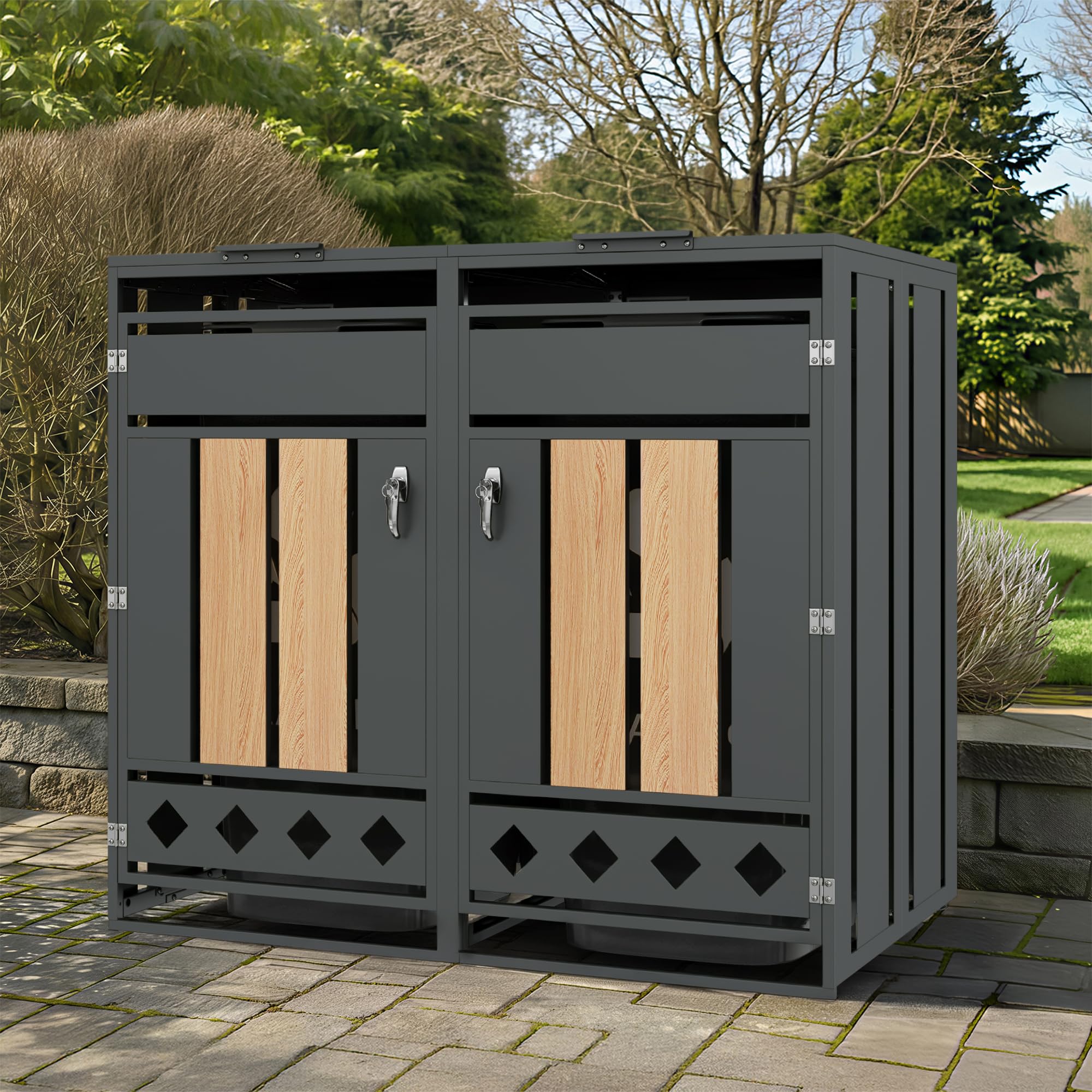 2 scatole per bidoni della spazzatura in legno con serratura – 240 l in acciaio zincato con 2 ante coperchio ribaltabile a forma di diamante fondo perforato per giardino, cortile, esterno