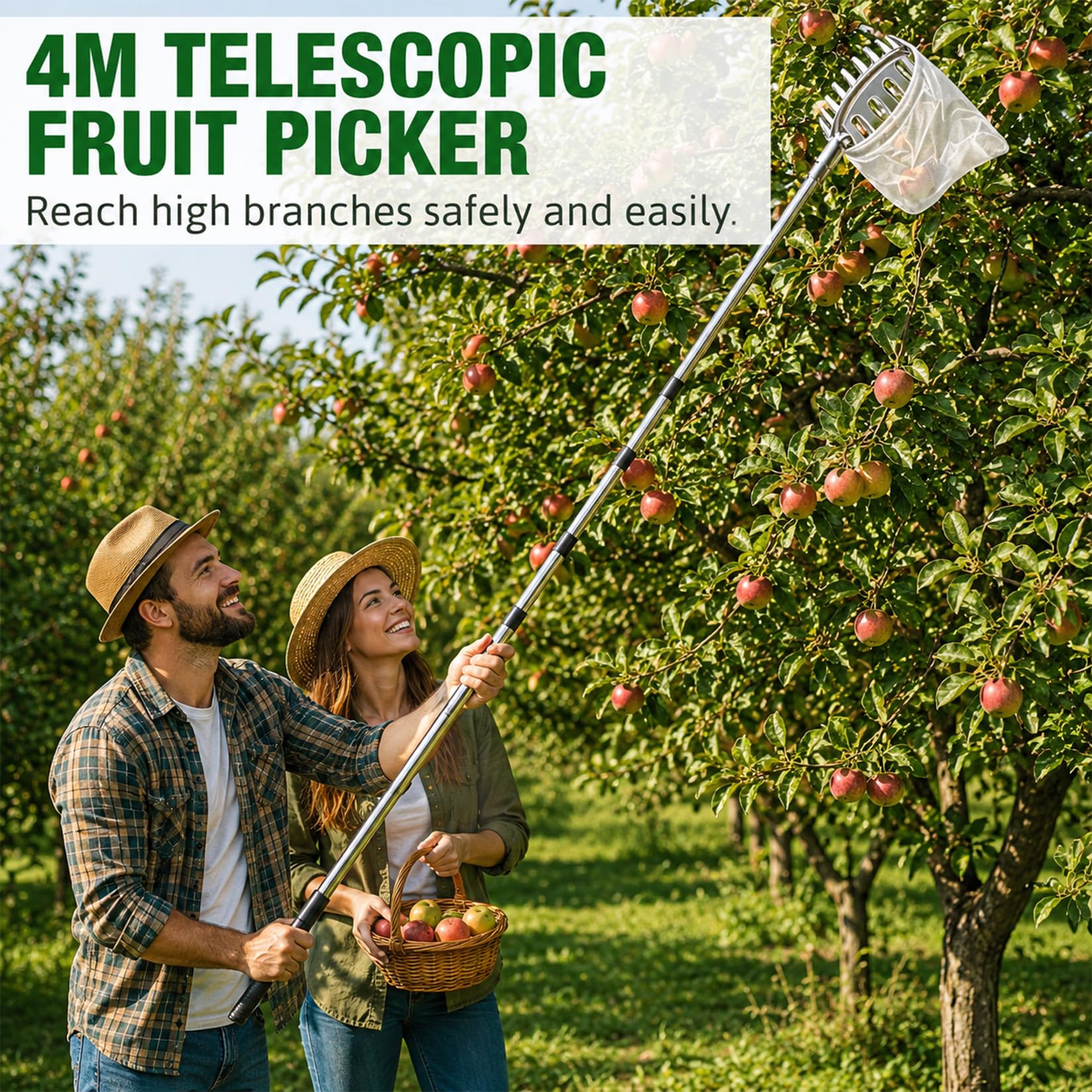 Idota 4,65m Obstpflücker mit Teleskopstiel, Ø 16cm Apfelpflücker mit Teleskopstiel Edelstahl Kirschenpflücker mit Baumwollbeutel Flaumenpflücker mit Sammelbeutel Pflückhilfe für Birnen Citrus Orange