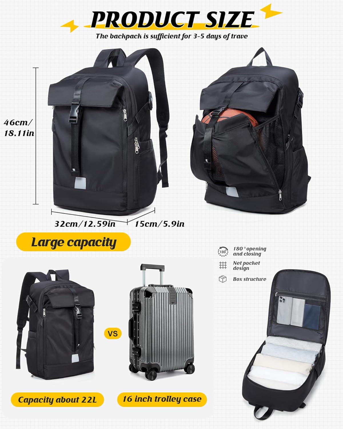 Helmet Backpack for Motorcycle Riders, Waterproof Large Capacity Backpack with Holder, Helmet Bag for Storage Hiking Cycling, Motorcycle Backpacks Motorcycle Riders Accessories for Men Women Black