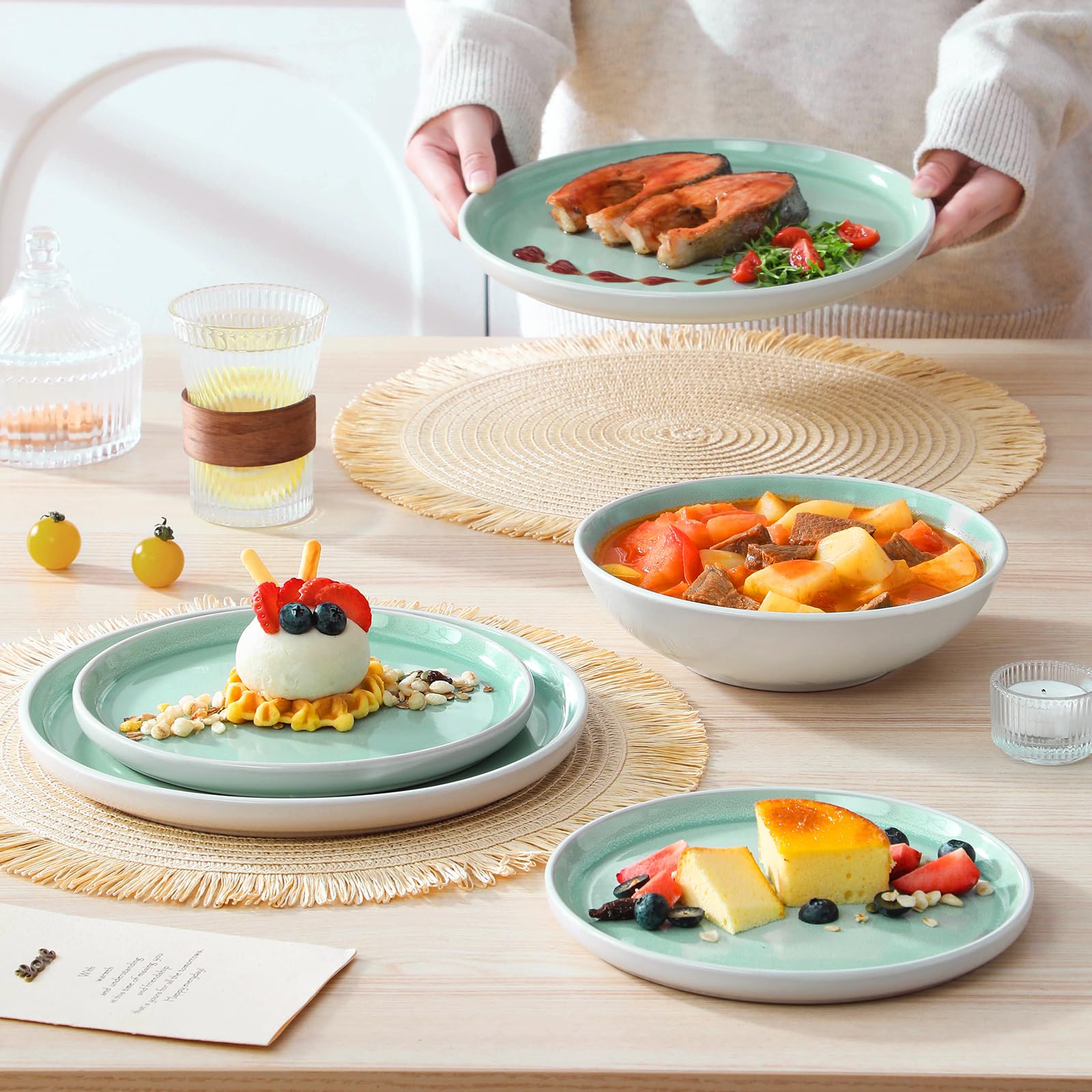 Tafelservice 6 Personen, vancasso ELBA 24tlg Geschirrset Steingut, modernes Geschirr Türkis Schüssel- und Teller Set, Ess Kombiservice mit je 6 Speiseteller, Salatteller, Suppenteller und Schalen