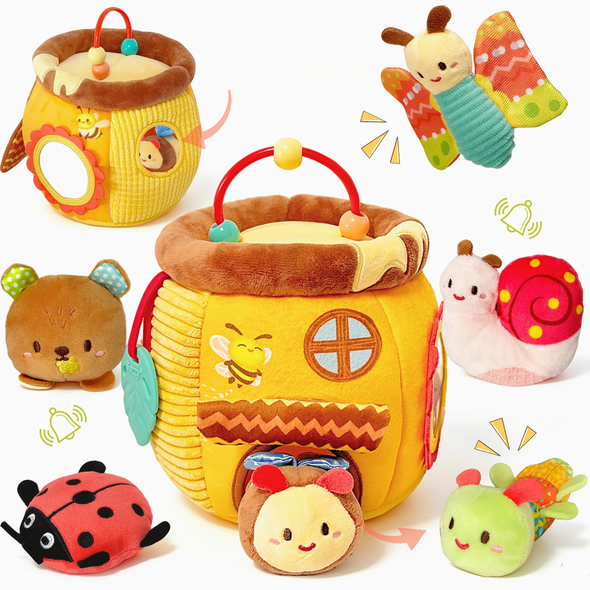 Kulveanju Baby Toys 6-12 Months - Soft Honey Pot with 6 Sensory Insects, Rattle, Crinkle Paper, Squeaker, Mirror and Teething Toy, Busy Montessori Sensory Toys Gifts for Babies Toddlers 0-3 Years Old
