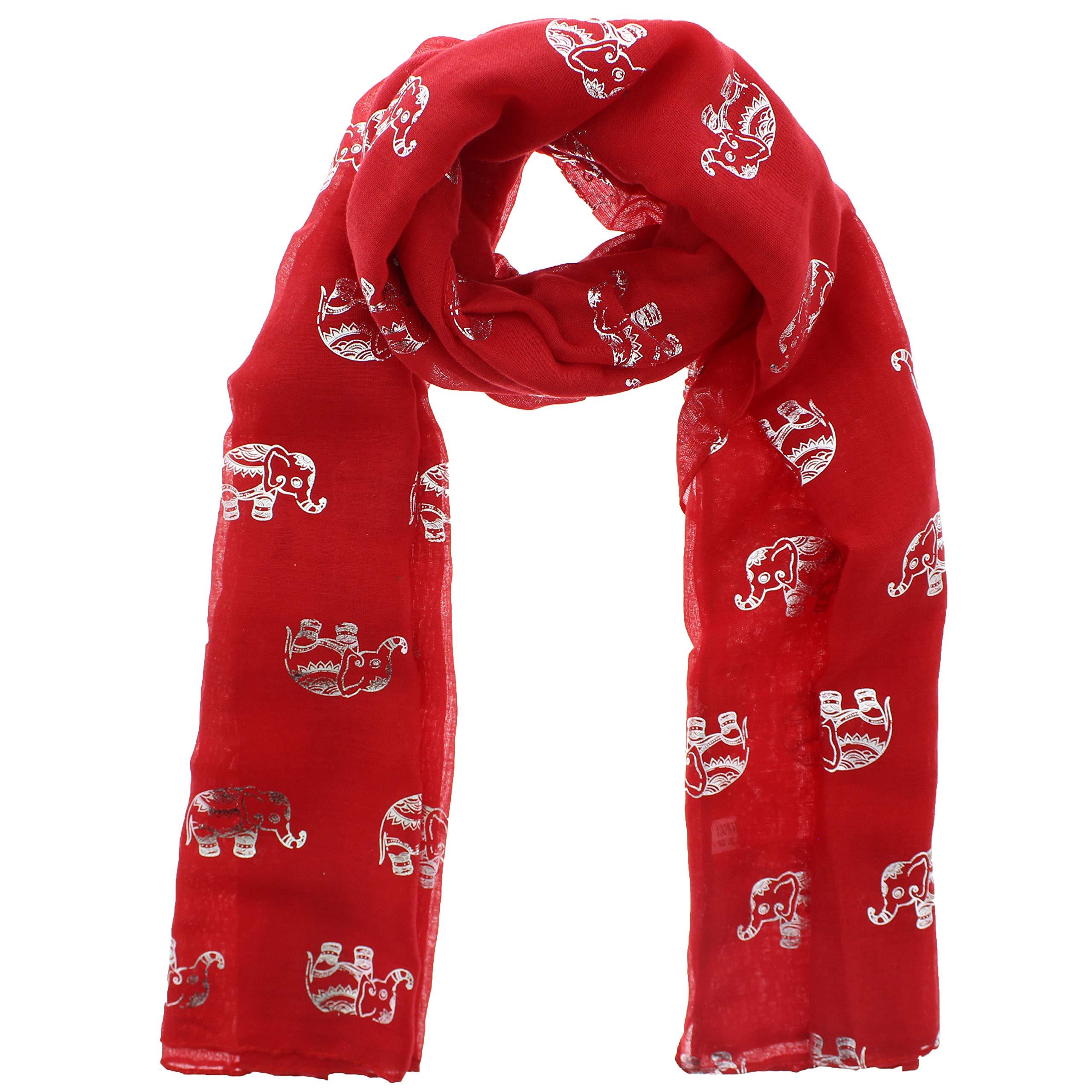 Zac's Alter Ego Women's Red Scarf With Silver Foil Metallic Glitter Elephant Print