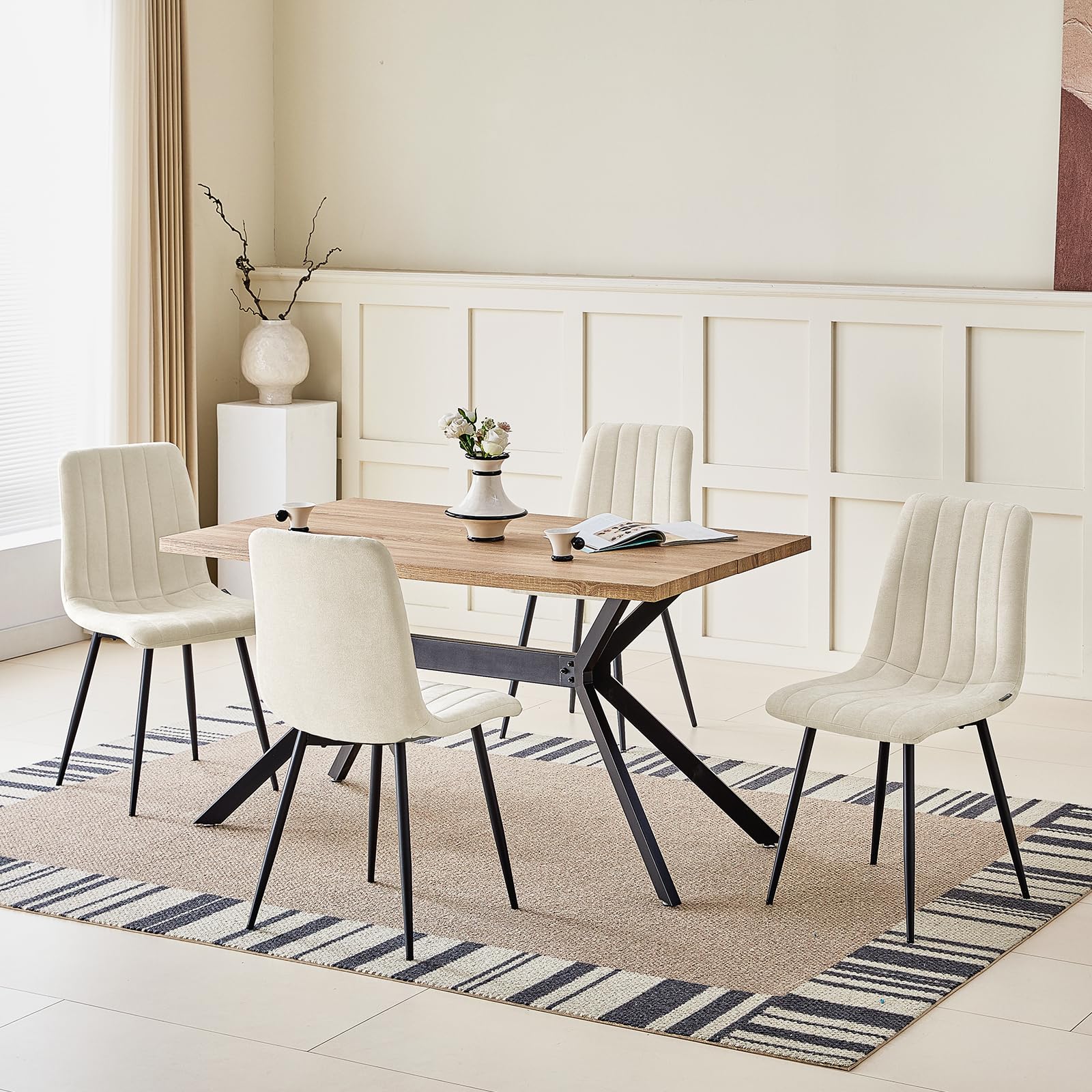 WAFTING Set di 4 Sedie da Pranzo, Sedie a Righe Imbottite con Schienale Alto con Pieds in Metallo, per Sala da Pranzo, Soggiorno, Cucina e Reception, Beige