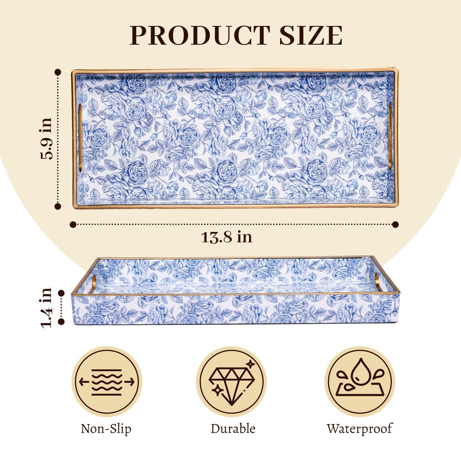 MAONAME Bandeja de tocador de plástico, bandeja estrecha para encimera de baño, bandejas decorativas azules con asas, organizador de bandejas de tocador para tanque de inodoro, joyas, maquillaje, 13.8