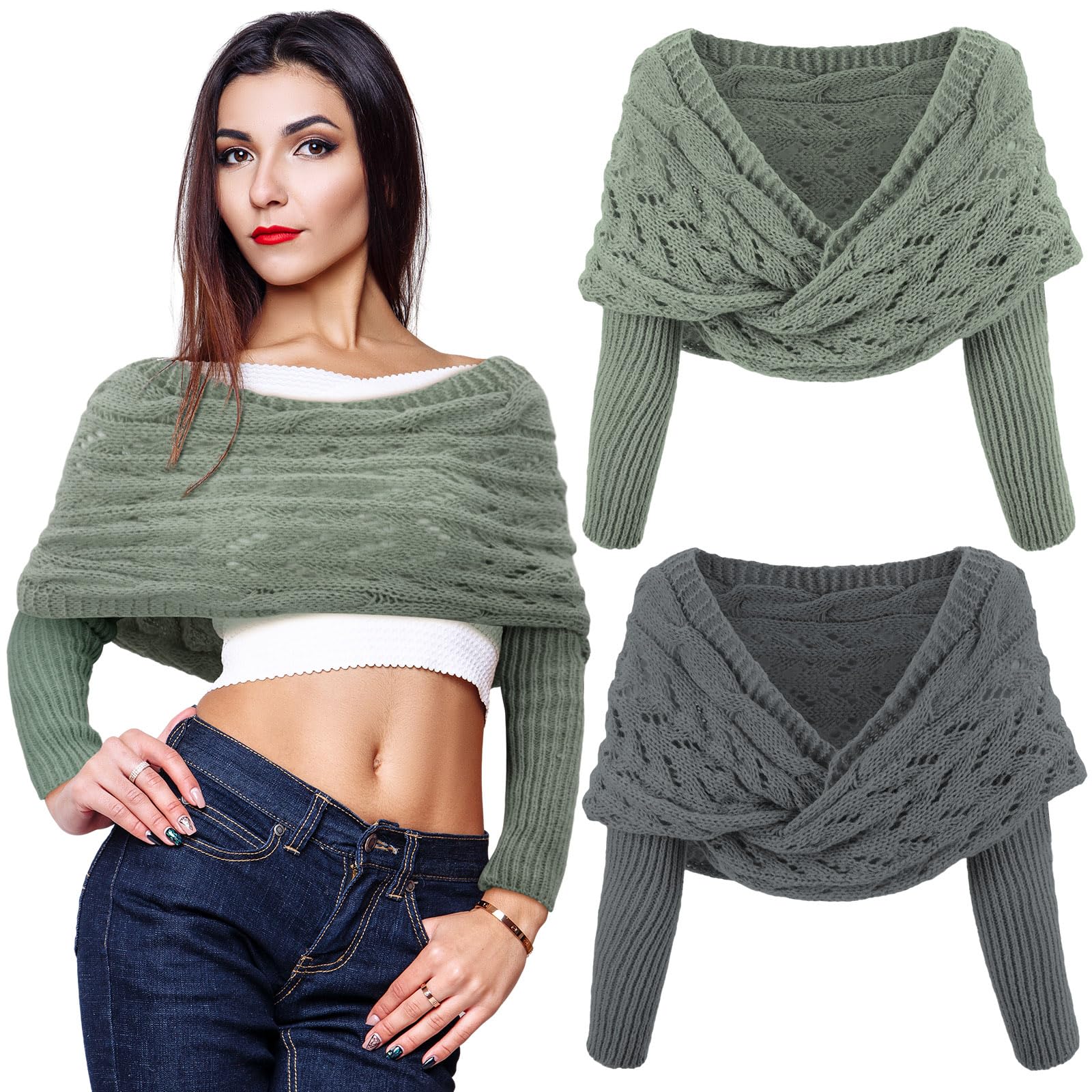 Geyoga 2 Pcs Scarf with Sleeves for Women Knitted Wrap Sweater Scarf with Sleeves Shrugs for Women Wrap