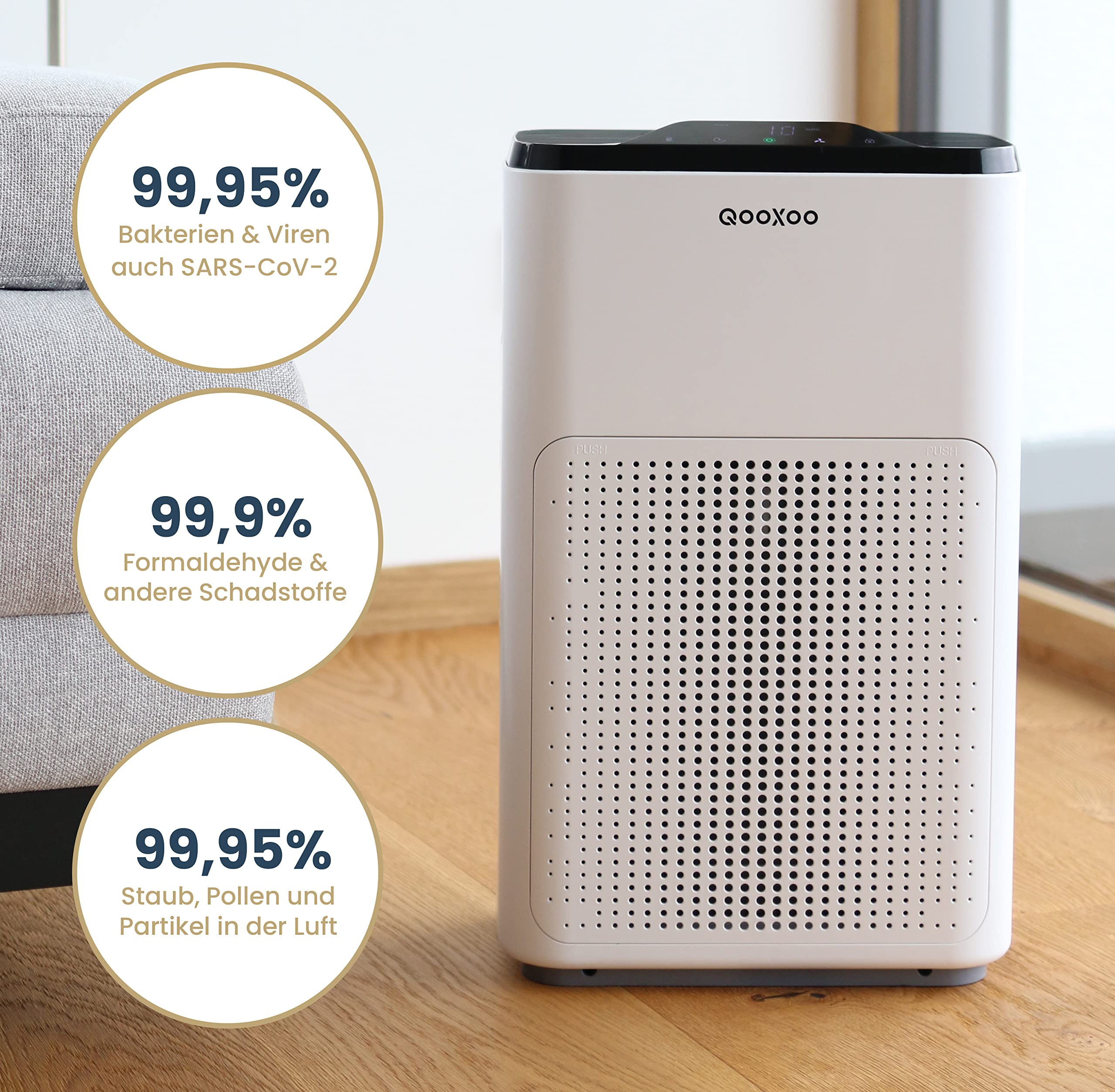Oczyszczacz powietrza QXPure3 - Austrian Innovations - CADR 215 m³/h -do 50 m² - filtr HEPA13 do pyłków, drobnego pyłu, dymu, substancji szkodliwych i technologii QXAir+ zabija 99,95% wirusów i