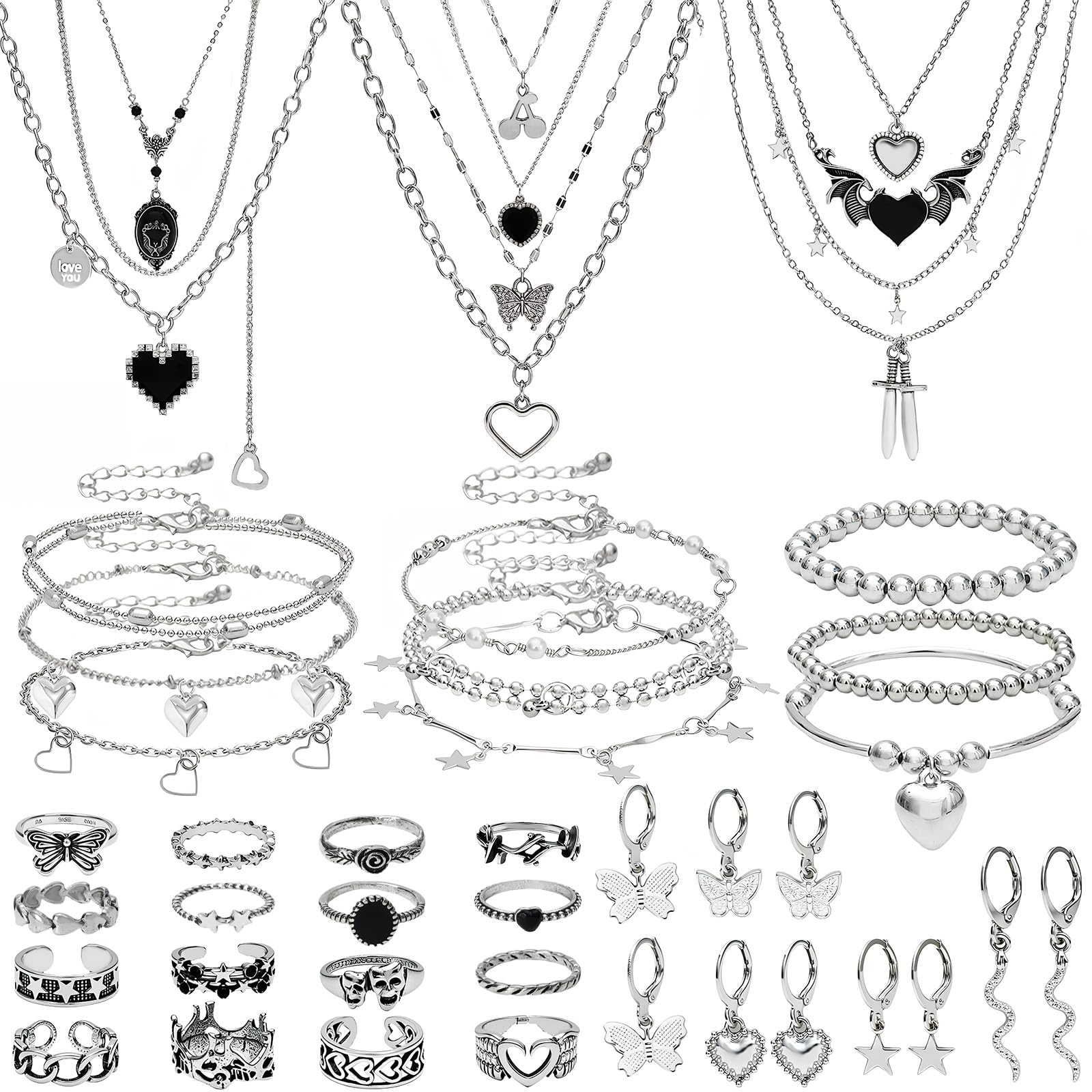 NEWITIN 45 Pieces Silver Jewelry Set for Women Party Costume Punk Jewelry Set Goth Grunge Y2k Accessories Vintage Gothic Necklaces Bracelets Earrings Rings for Women Men