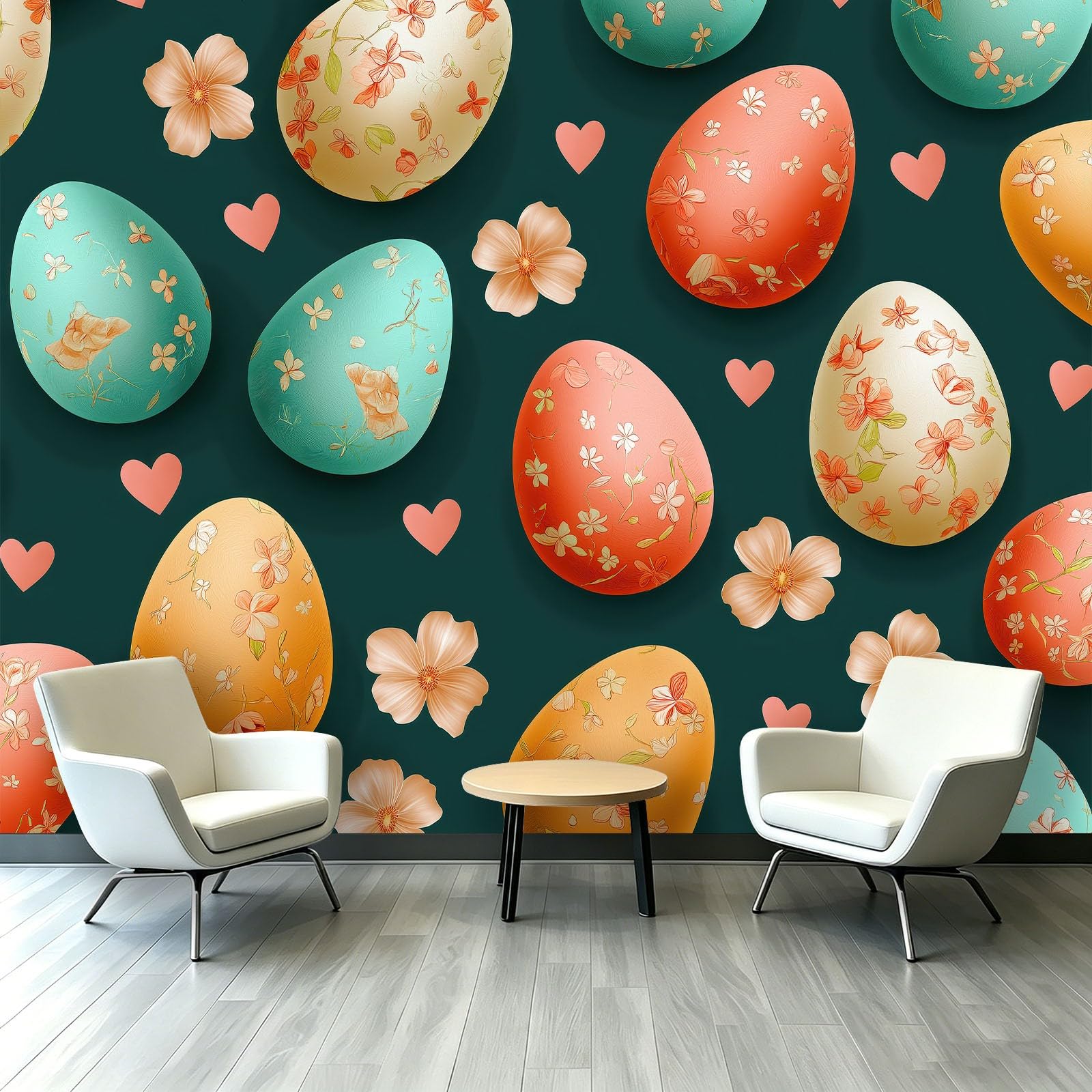 Papel pintado fotográfico simple festivo huevos de Pascua flores efecto 3D XXL 300 x 210 cm – Papel pintado no tejido verde – Mural Fotomurales Decoración de pared para tienda de regalos, restaurante