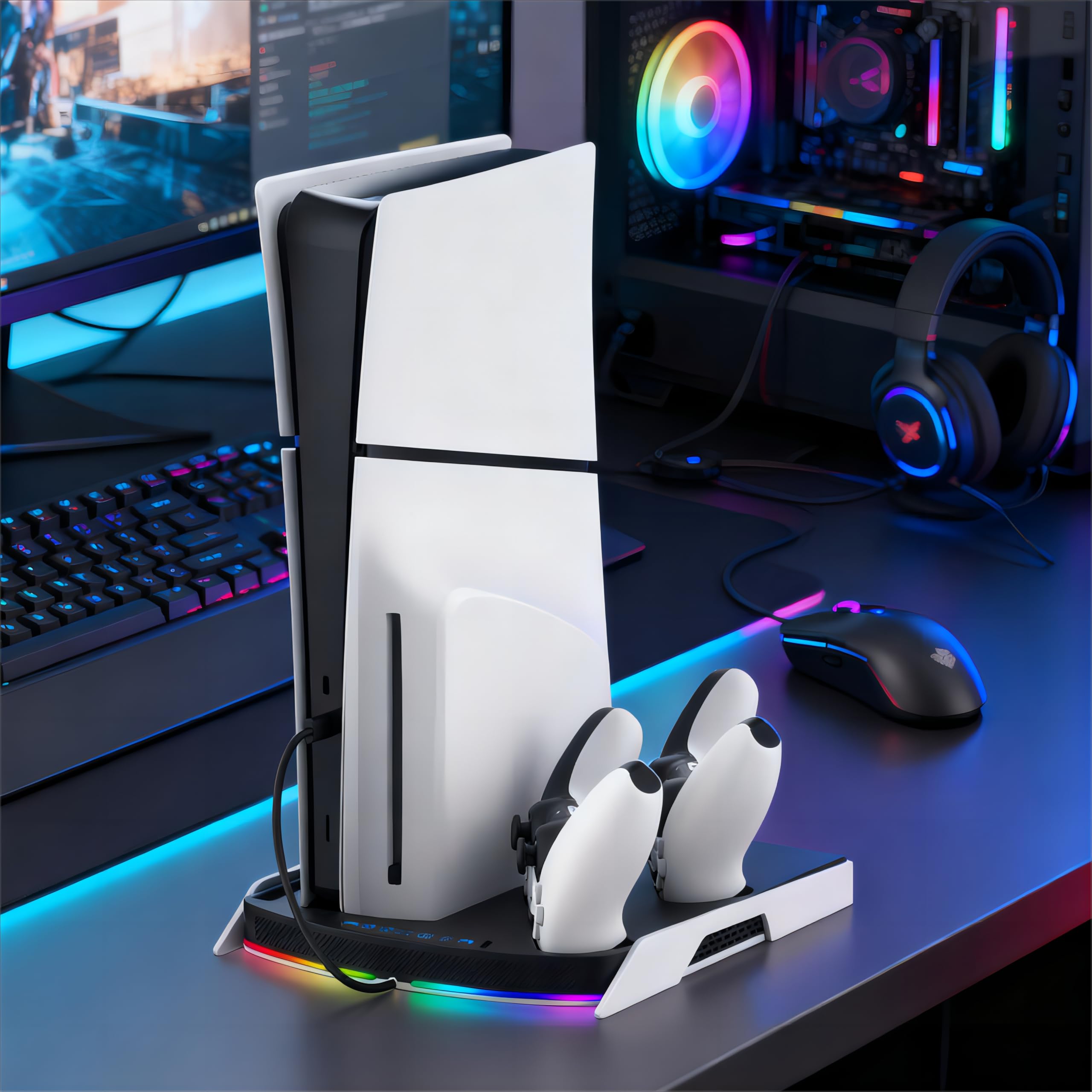 NITHO Supporto PS5 con Ventola di Raffreddamento e Doppia PS5/Edge Controller Charger, Base Verticale Multifunzione Compatibile con PS5/Pro/Slim, con Hub USB e Luci RGB - Accessori PS5