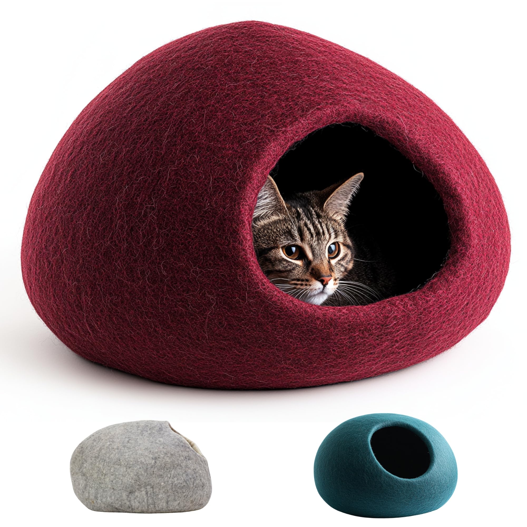 XL Cat Cave Cat Bed Cat House - Finest Romney Wool - Strong Felted - Robust Exterior & Cuddly Soft Inside - Bordeaux Red