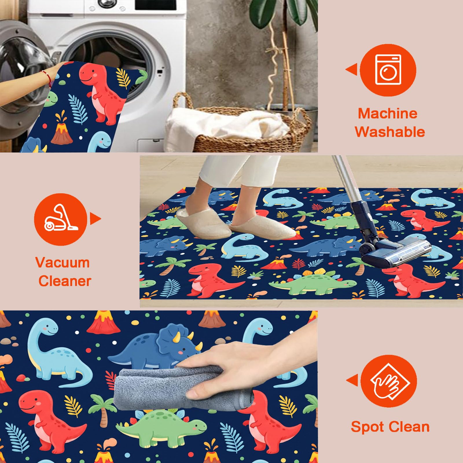 Tapis Rond Lavable Dinosaures Volcans Plantes 120cm | Tapis Animaux De Dessin Animé Mignons Antidérapants Salon Lavable en Machine pour pour Salle à Manger, Entrée, Cuisine, Bleu Marine