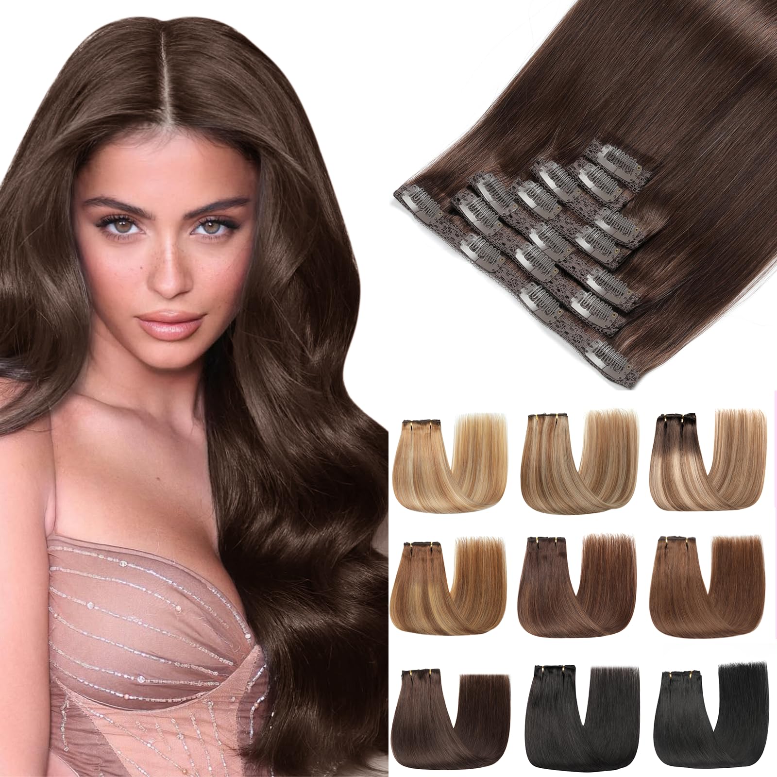 EINbeauty Clip In Extensions Echthaar 7Stücke 120g 55cm Extensions Echthaar Gerade Unsichtbar Echthaar Extensions Dunkel Braun Extensions Clip In Haarverlängerung（22Zoll，2#）
