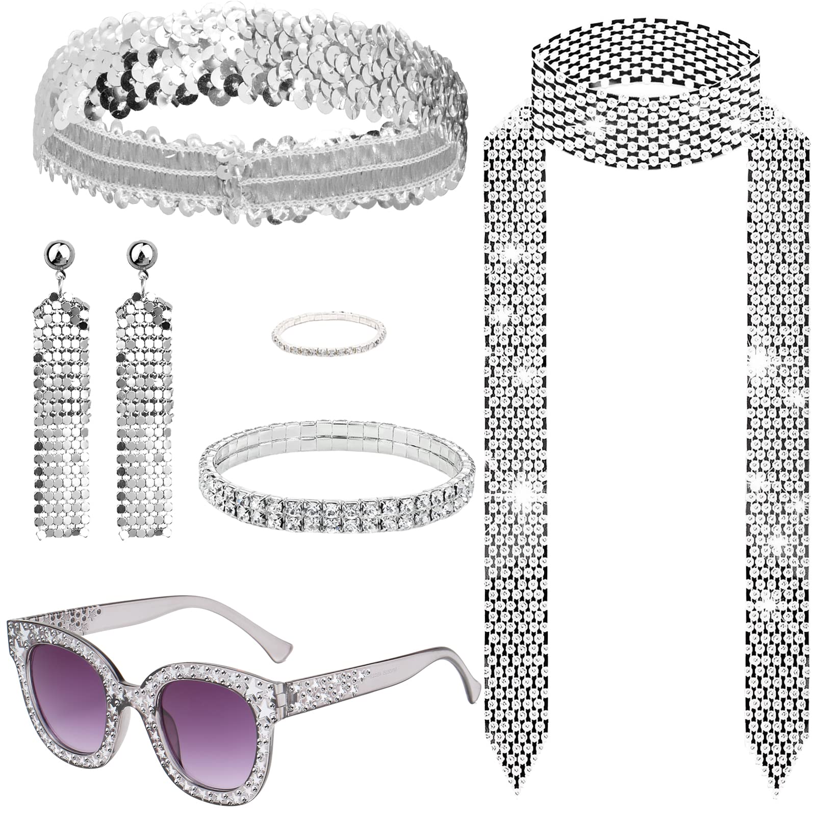 HEAWAA 1970s Disco Accessories Set, 6Pcs Fancy Dress Costumes Accessories with Sequins Headband Bling Sunglasses Long Scarf Bracelet Ring Earrings for Girls Women 70s 80s Disco Theme Party (Silver)