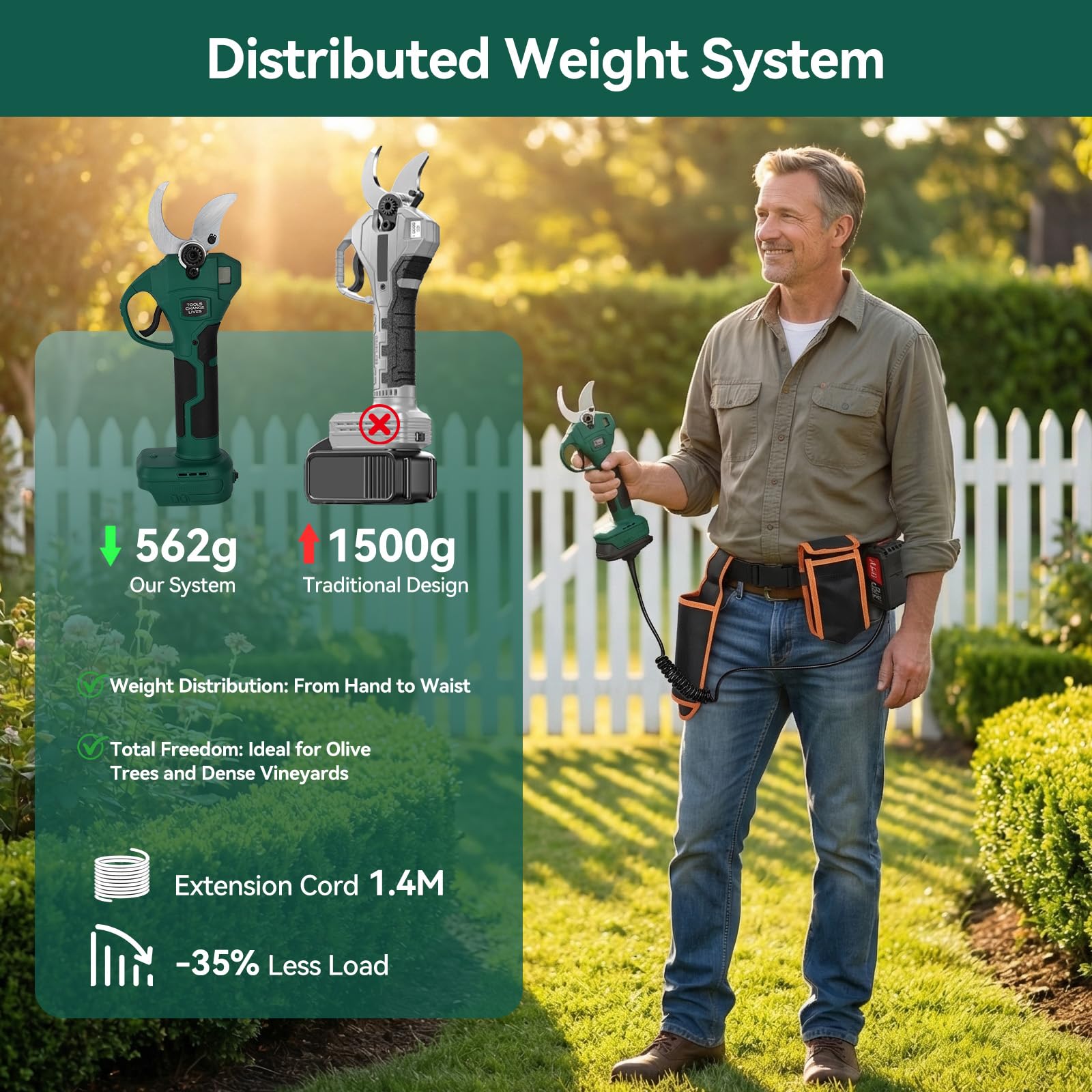 Tijeras de Podar Eléctricas 40mm con 2 Baterías 3.0Ah Cable de Extensión 1.4m Podadora de Batería Brushless para Olivos Viñedos y Ramas Altas | Tijeras eléctricas profesionales ligeras y pantalla LCD de corte progresivo para olivos viñedo y jardín