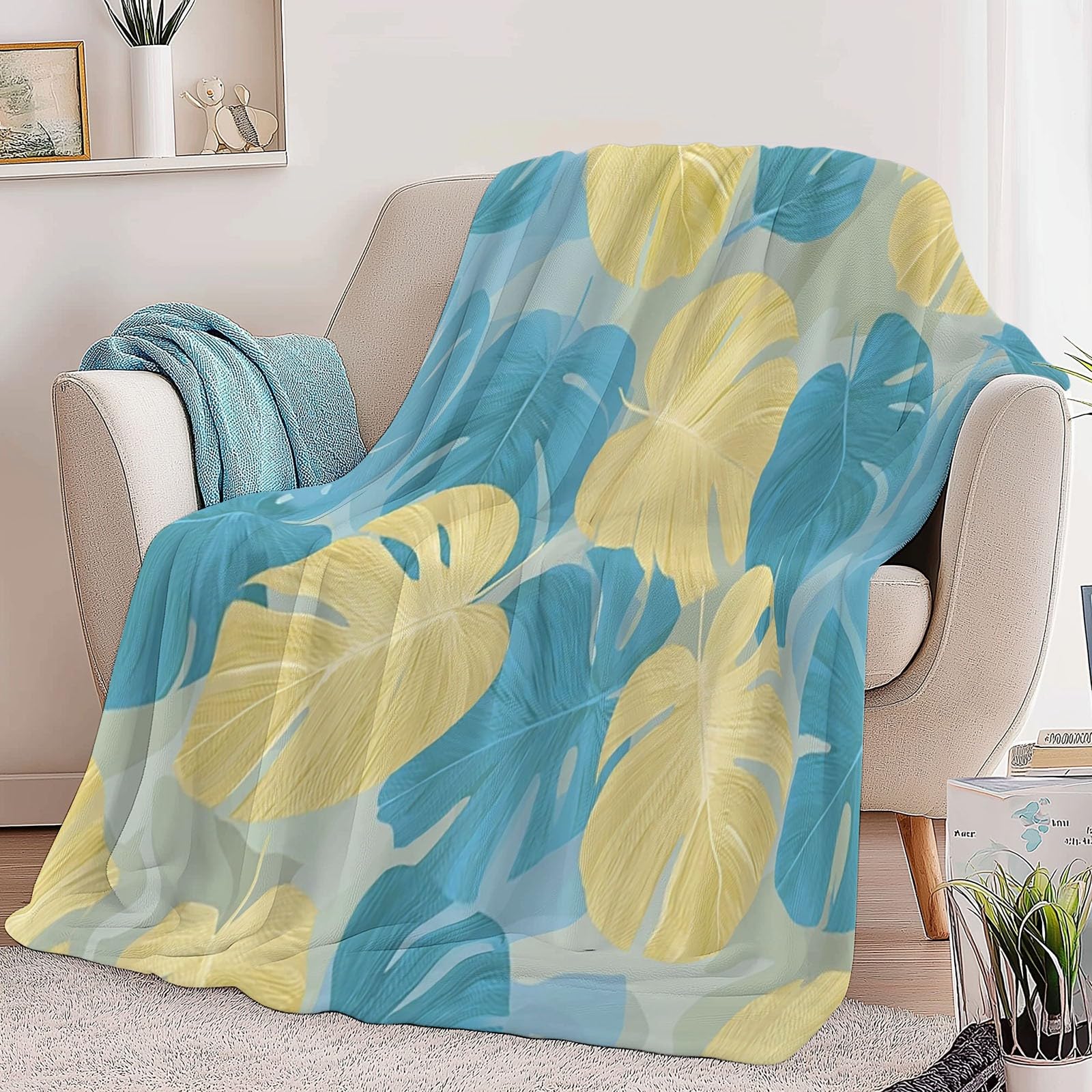 Coperta Plaid Pile in Flanella 180x220 cm Coperta Pile Piccola Monstera Foglie Azzurro, Morbida Soffice Calda Coperte per Divano Singolo Matrimoniale Letto Grigio