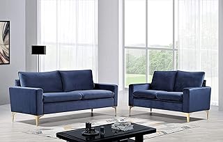 Container Furniture Direct Carrie Ultra Modern Living Room Velvet Upholstered Tufted Sofa Set, 2 Piece, Dark Blue
