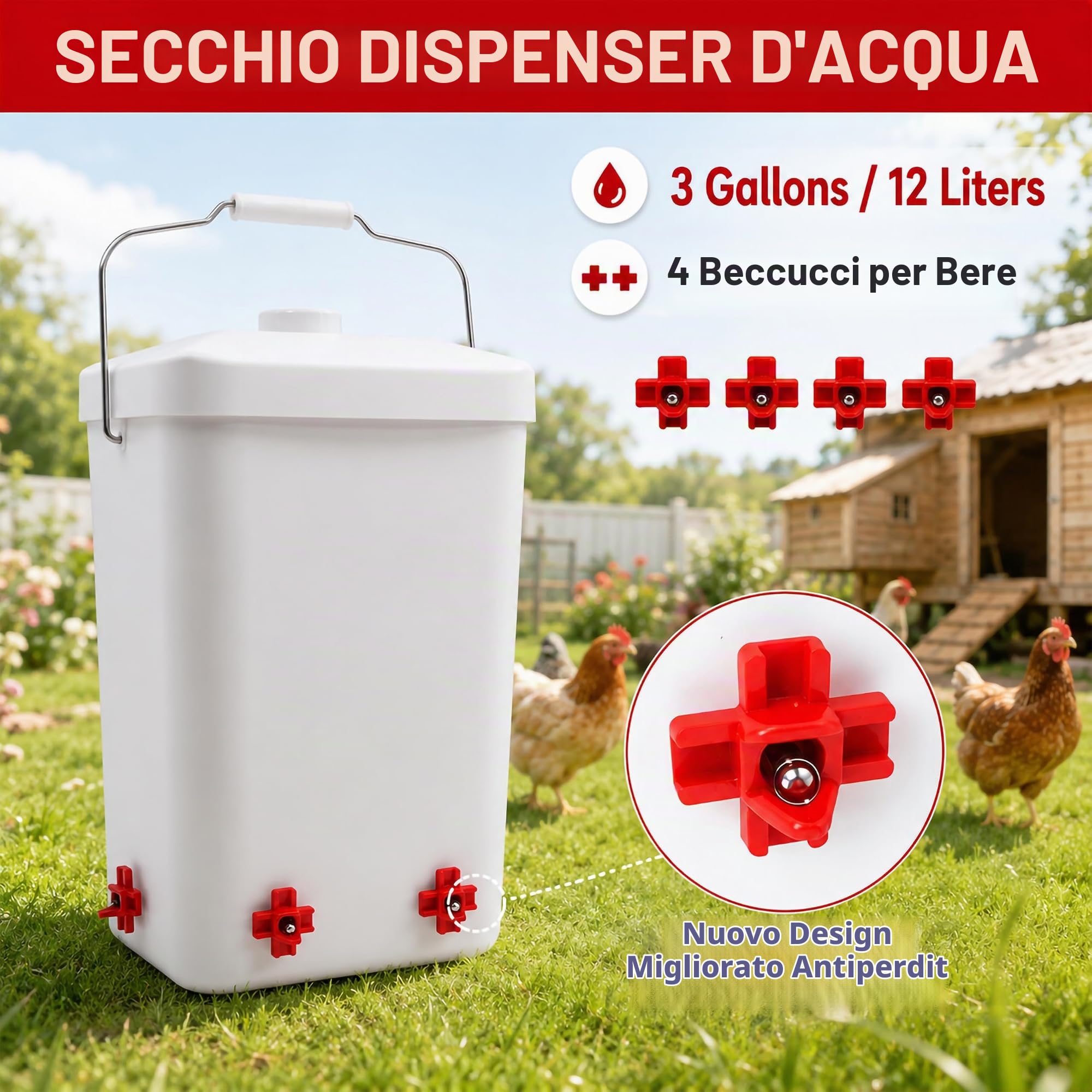 Abbeveratoio automatico per pollame 12L (3 galloni), serbatoio anti-perdita con 4 ugelli bere rossi, appoggiabile a terra o a muro per galline, pulcini e avicoli domestici in giardino e allevamento