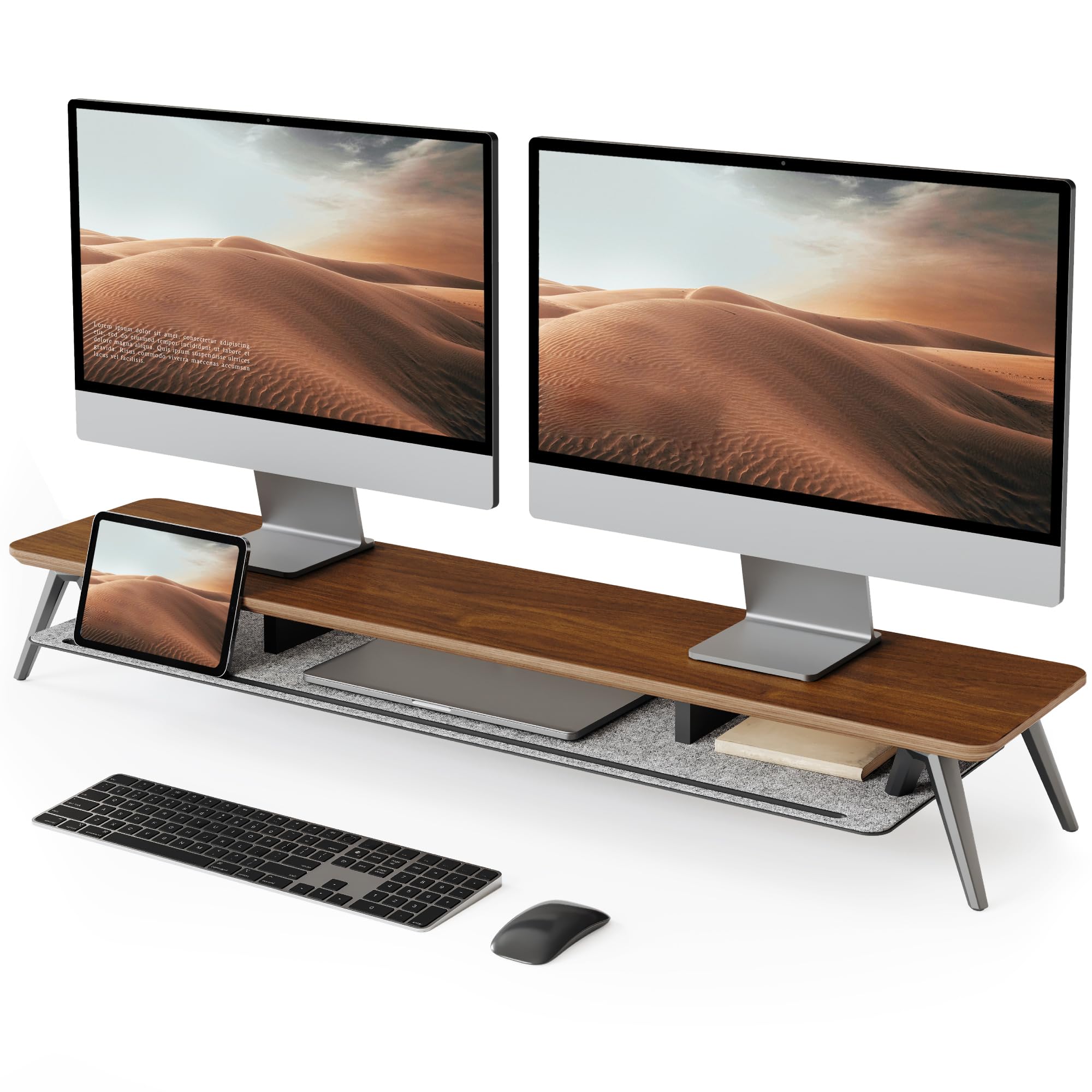 Fenge Monitorständer, 108cm, Mehrschicht-Massivholz, Laptop PC TV, Braun | 2 Geräte, Bis 45kg, Ablagefach für Telefon/Tablet/Stift, Kabel-Mgmt. Filz-bezogen, Alufüße, Bildschirm Schreibtisch Büro Home