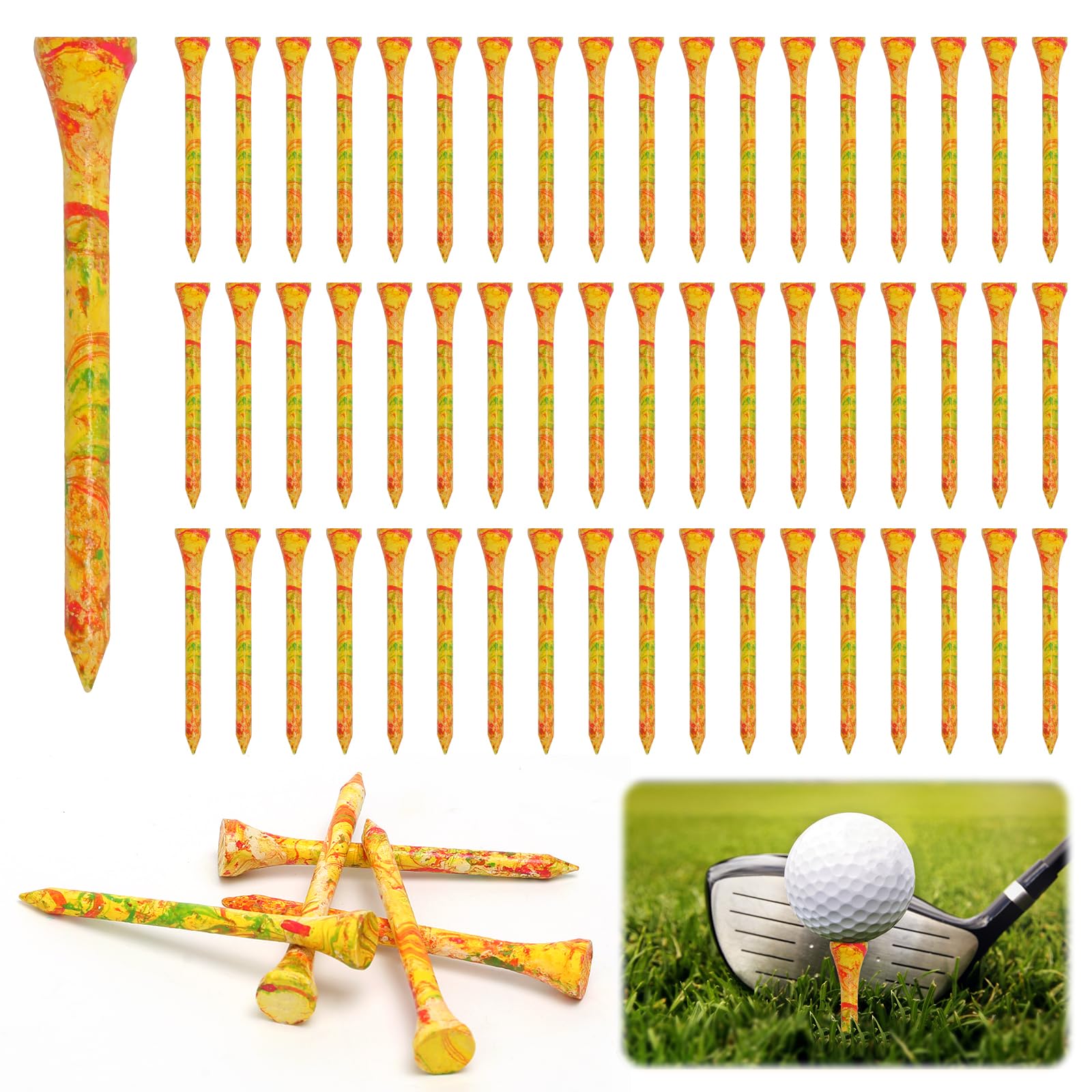 POXIAOER Golf Tees, 60 Pack Bamboo Golf Tees 70mm, 7cm, 2-3/4 inch Golf Tee Biodegradable Sustainable Golf Accessories, Curved Top Low Friction Resistance (Style B)