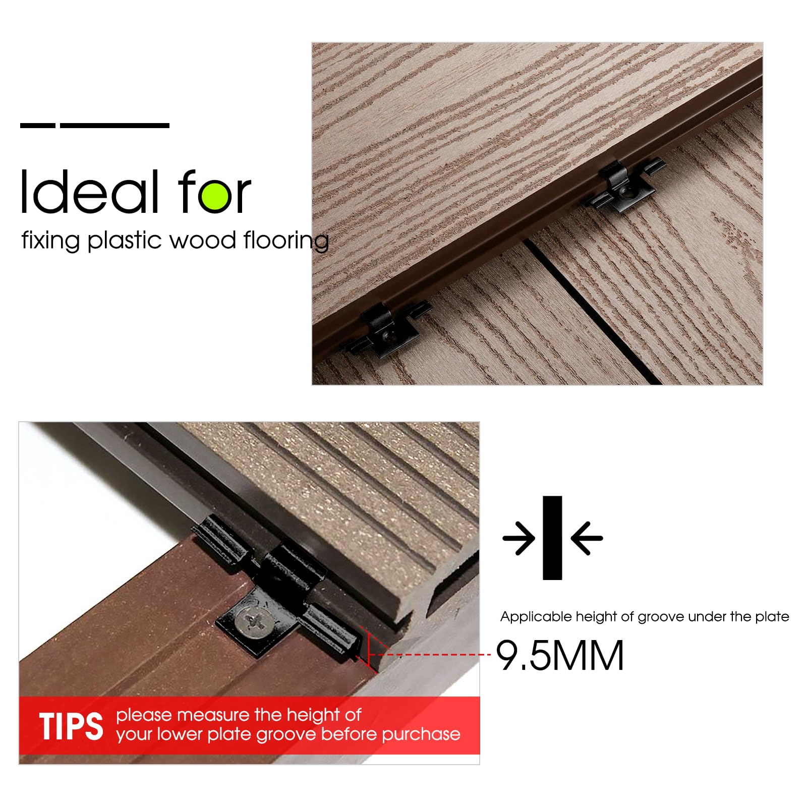 Lot de 100 Clips pour terrasse 9,5 mm Fermeture pour terrasse en WPC Pince pour terrasse en acier pour terrasse en composite Fixation invisible Agrafette de fixation Plage de serrage, Noir