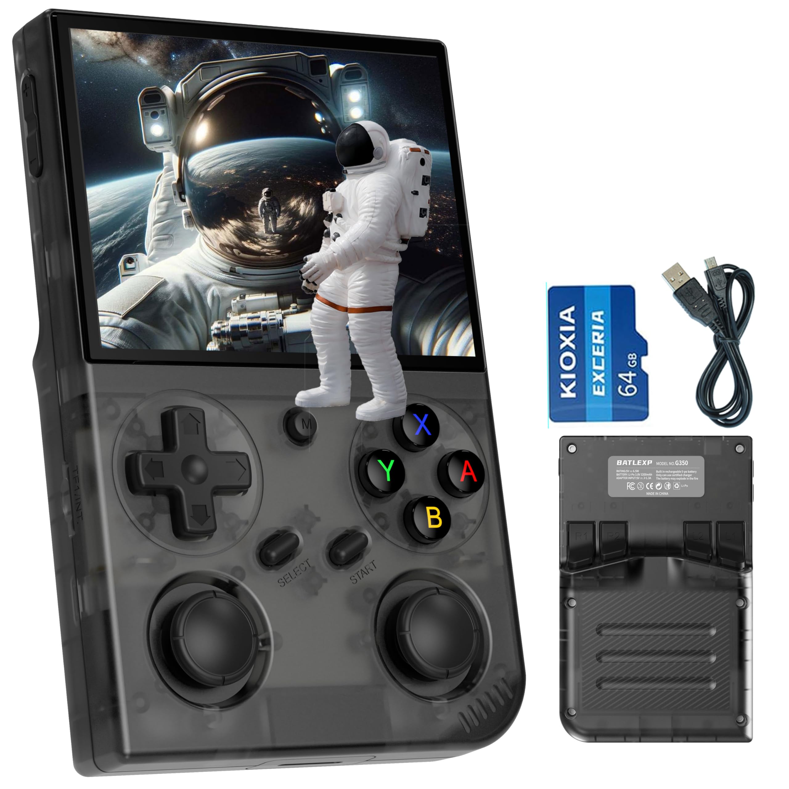 G350 Retro-Handheld-Spielkonsole 3,5-Zoll-IPS-Bildschirm 640 x 480 Linux-System mit vorinstallierter 64-GB-Karte 4371 Spiele Unterstützt HDMI- und TV-Ausgabe 3200-mAh Battery (G350-BLACK-NEW)