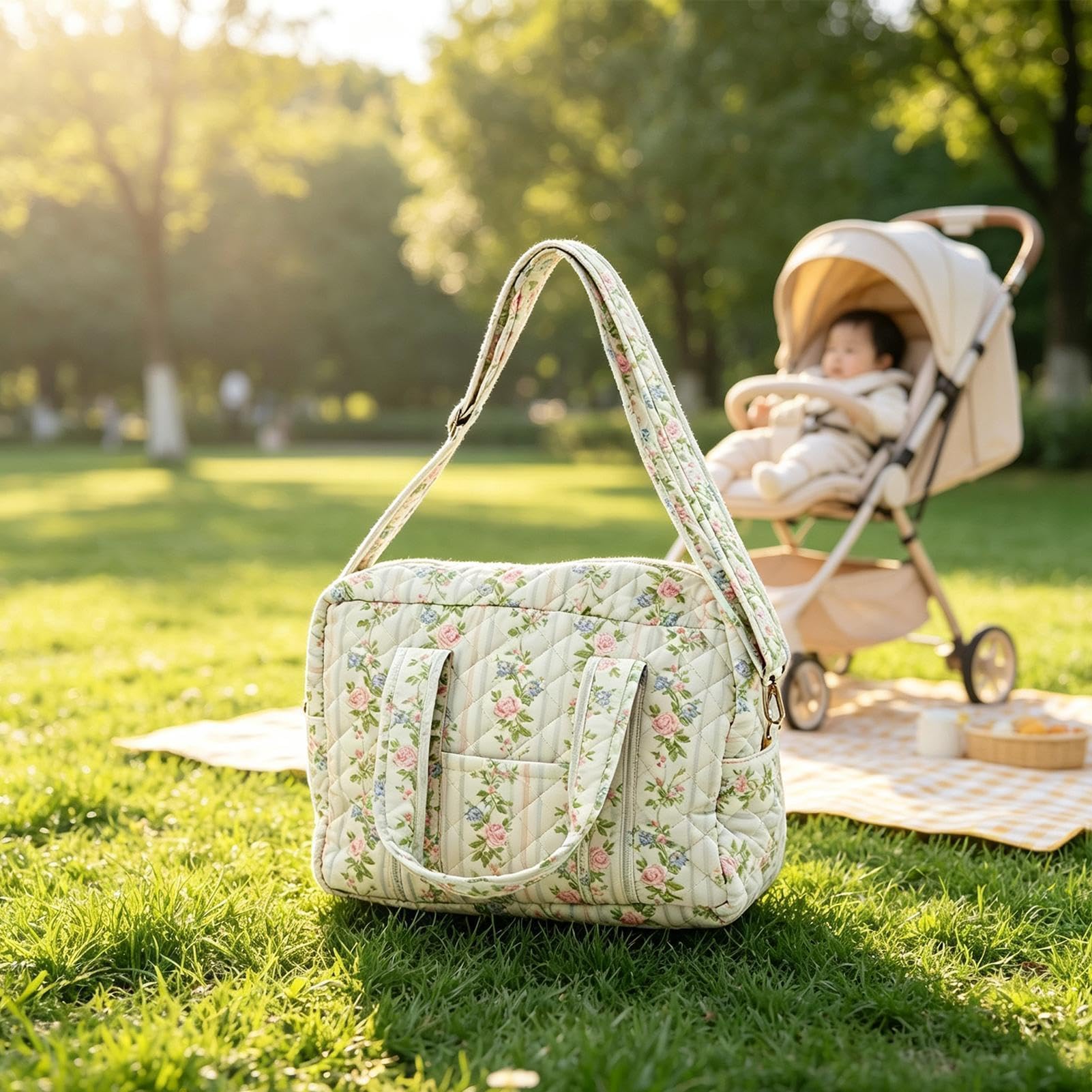 Bolsa de pañales acolchada de mezcla de algodón, bolsa de almacenamiento de fin de semana para mamá: hospital, habitación de los niños, oficina, compras, gimnasio