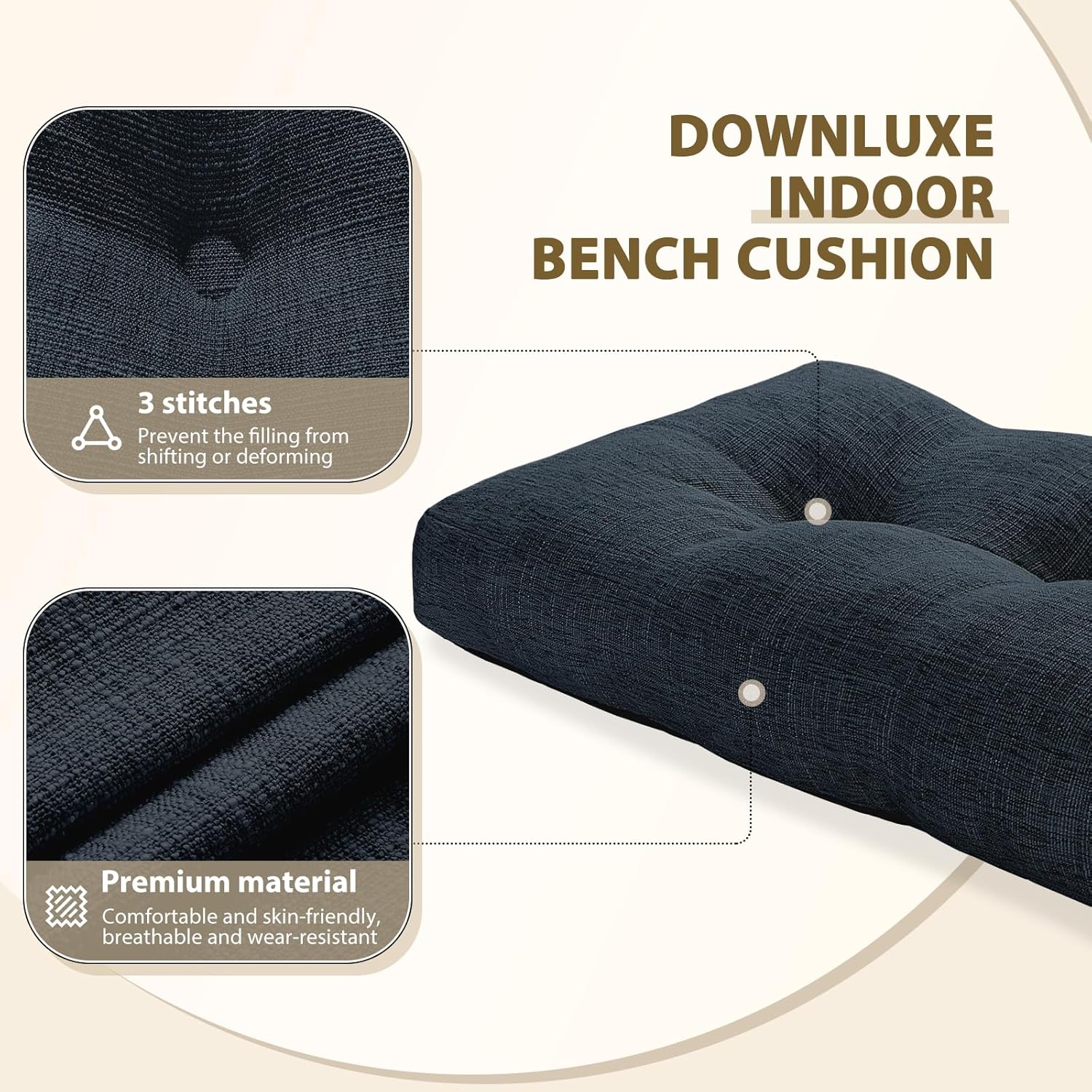downluxe indoor bench cushion for indoor furniture, non-slip tufted overstuffed textured foam bench seat cushion, 36\" x 14\" x 4\", navy, 2 pack navy 36x14 inch (pack of 2)
