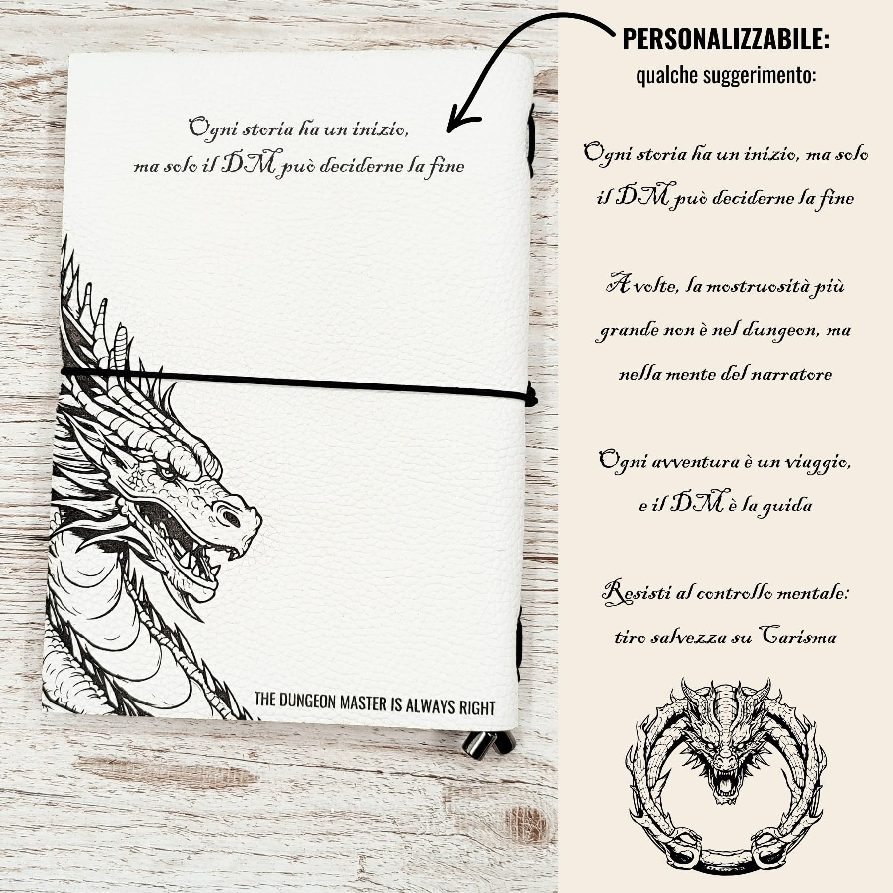 Taccuino del Dungeon Master “Two Dragons” in Vera Pelle | Ed. Limitata | Personalizzazile | Ricaricabile, A5, Stile Midori + Tappetino Dadi | Diario per Campagne D&D / GDR / RPG, Idea Regalo per DM
