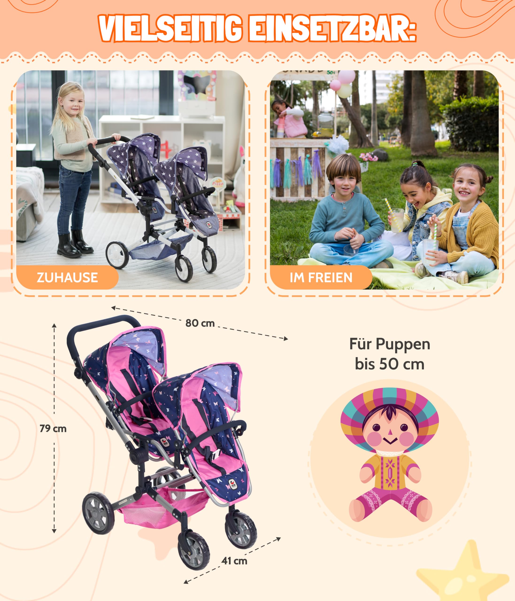 Bayer Chic 2000® Wózek dla lalek Linus Duo – Butterfly Navy Pink – składany wózek dla lalek bliźniaczek – regulowany uchwyt 50-82 cm – lalki do 50 cm – 4-8 J.