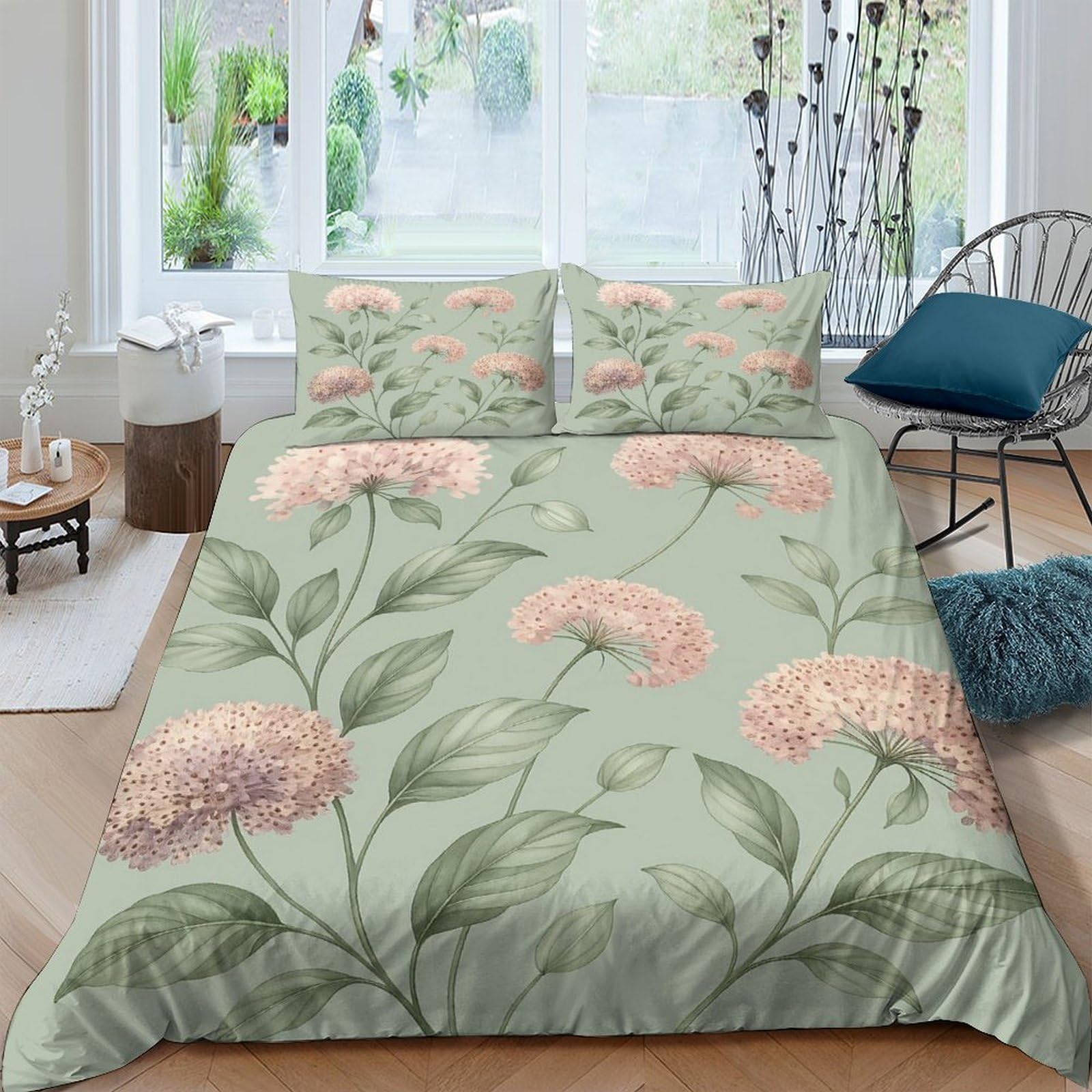 TUFRTGYHN 3D Printed Floral Botanical Duvet Cover Microfiber Soft Breathable Pastel Hydrangea Bedding Set with 2 Pillowcases for Bedroom Decor Single（135x200cm）