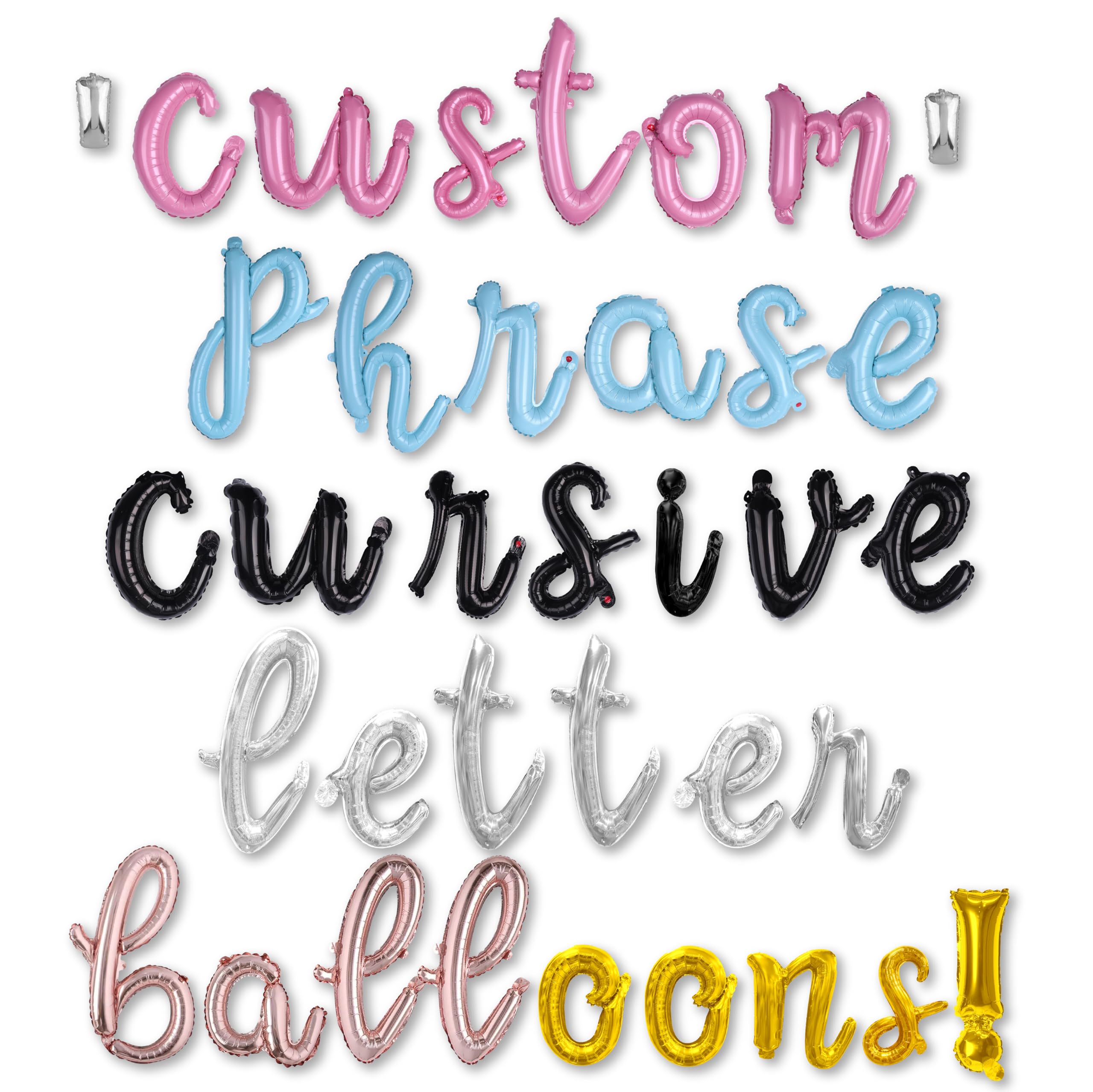 BALLOON VIBE Cursive Letter Balloons - Custom Phrase Script Foil Alphabets & Numbers with Straws, Ribbon and Adhesive Dots - Balloon Banner for Birthday, Anniversary, or Any Other Occasion - 6 Colors
