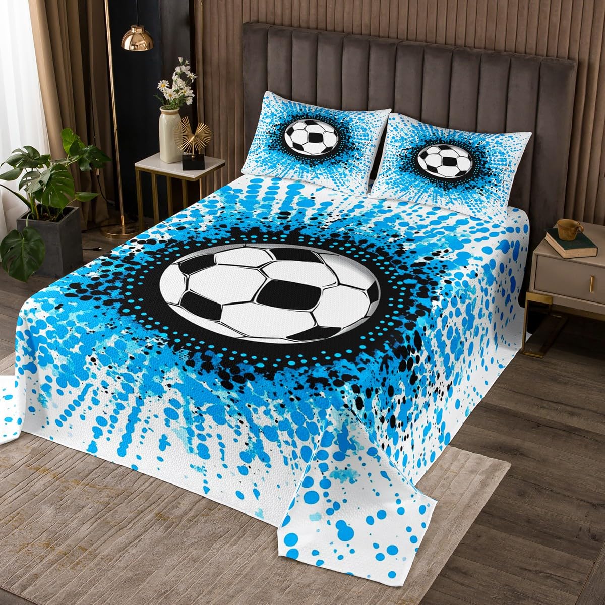 Erosebirdal Football Quilts Queen Size,Blue Ink Cartoon Soccer Ball Quilt Set for Boys Teen,American Sports Bedspread Set for Bedroom Decoration with 2 Pillowcases